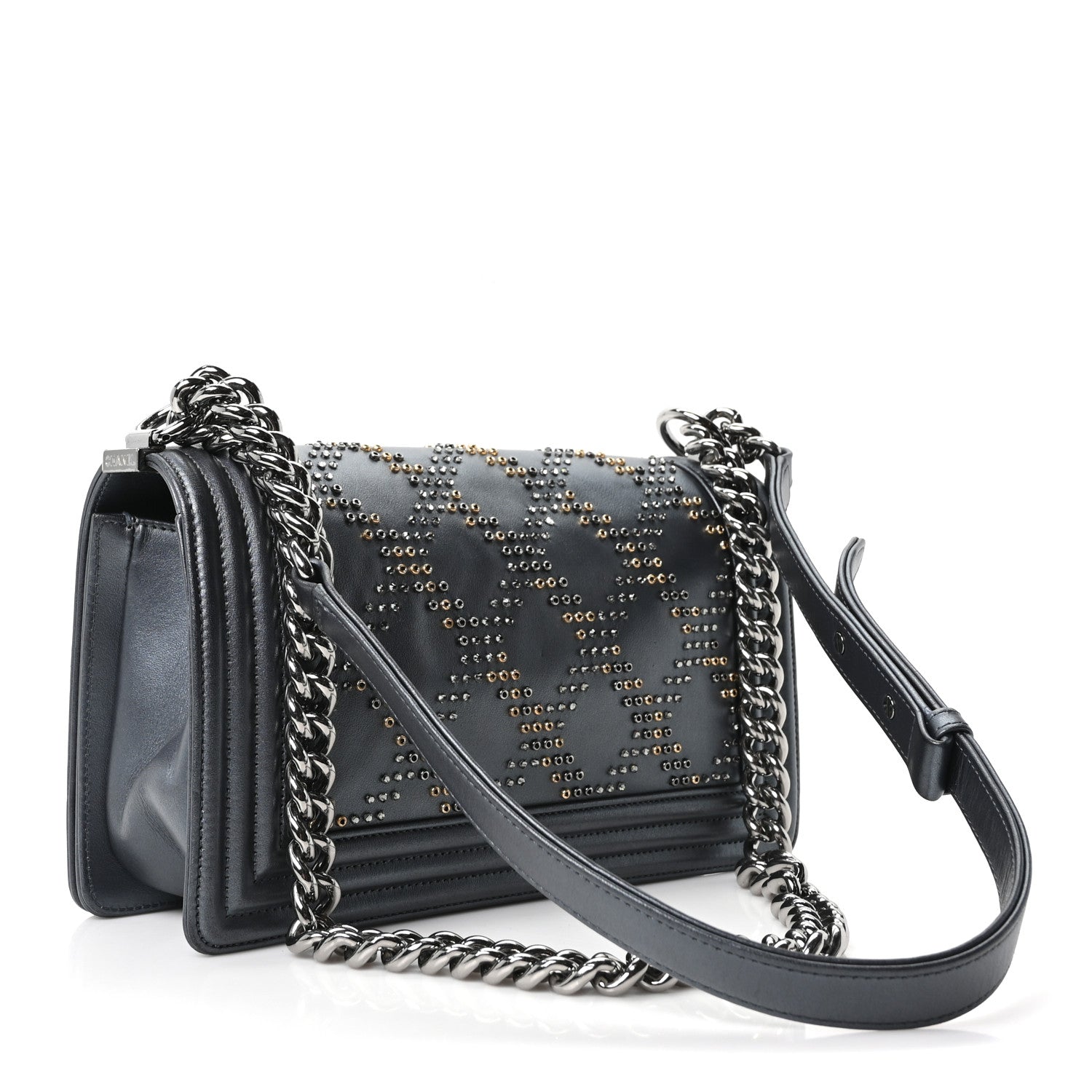 Metallic Calfskin Crystal Medium Boy Flap Dark Silver — view 3