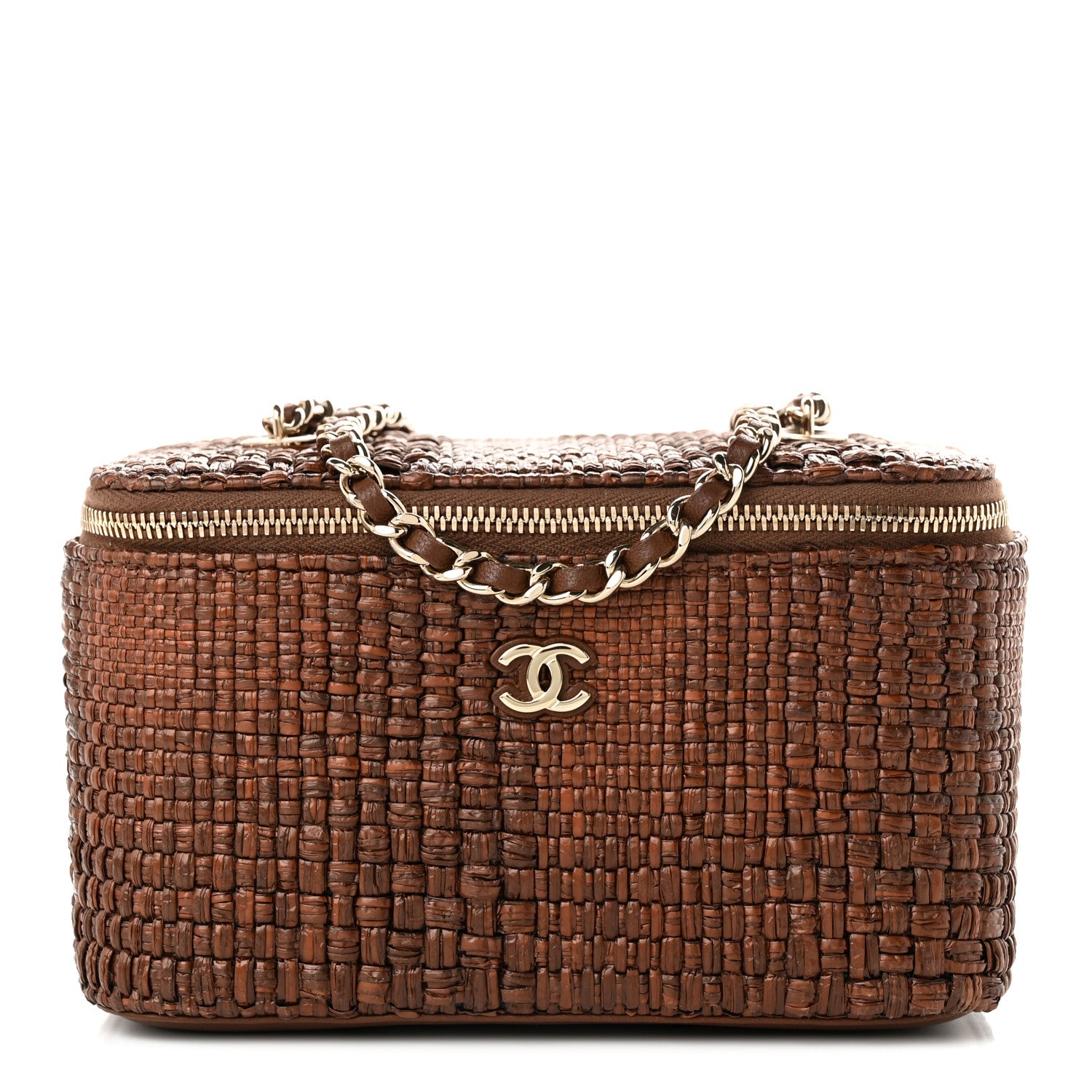 Braided Raffia Vanity Case With Chain Brown