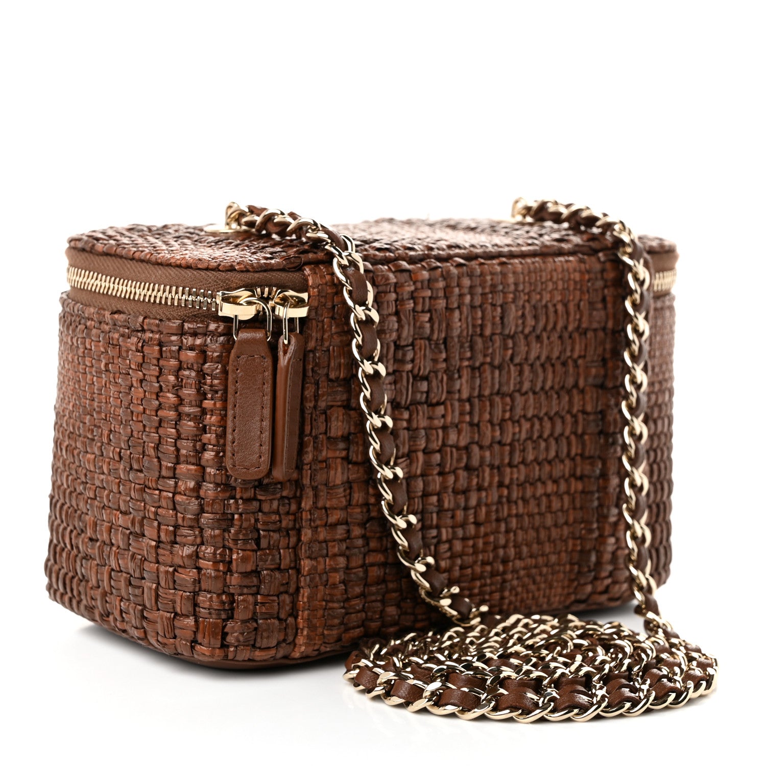 Braided Raffia Vanity Case With Chain Brown — view 3