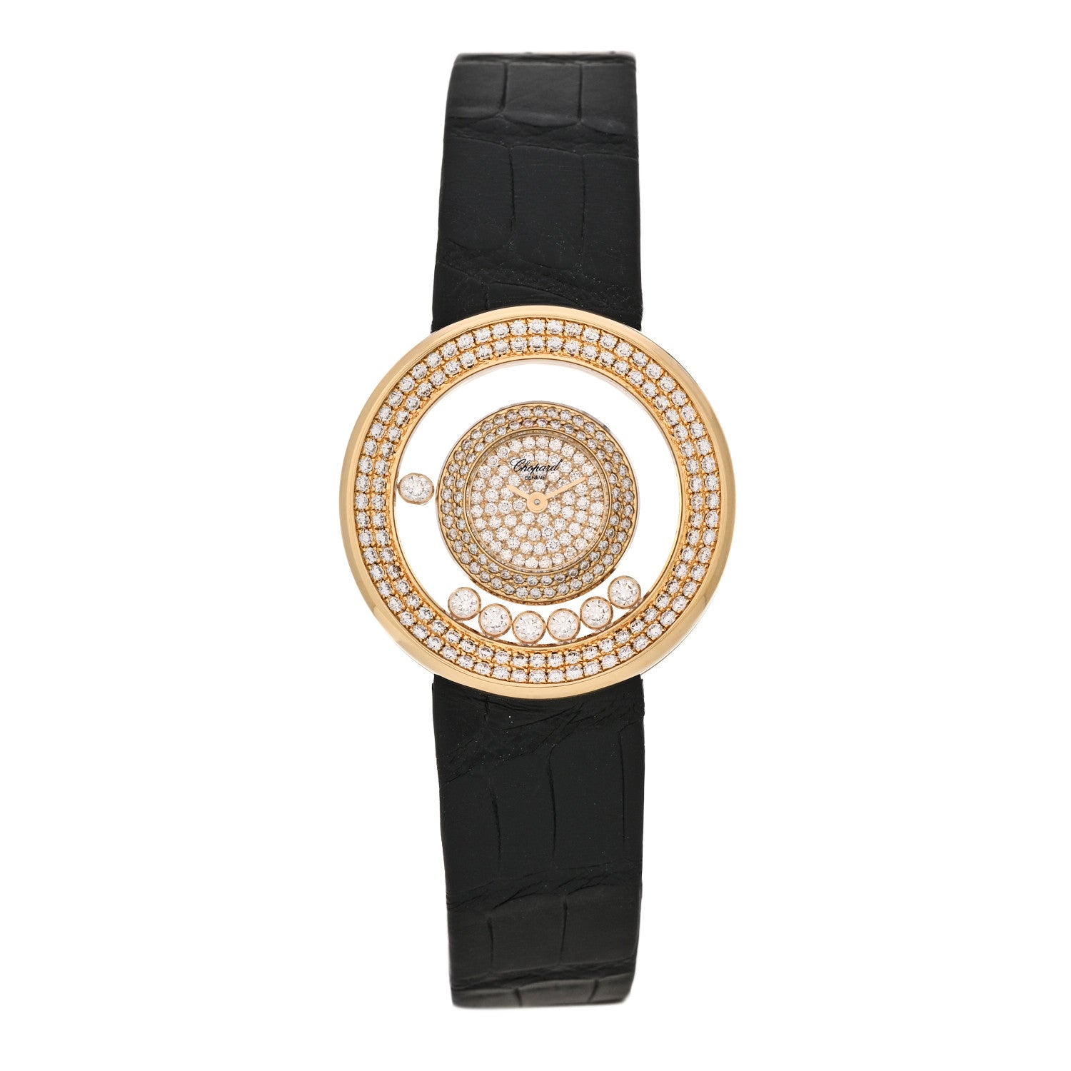 18K Yellow Gold Alligator Diamond Bezel 30mm Happy Diamonds Automatic Watch