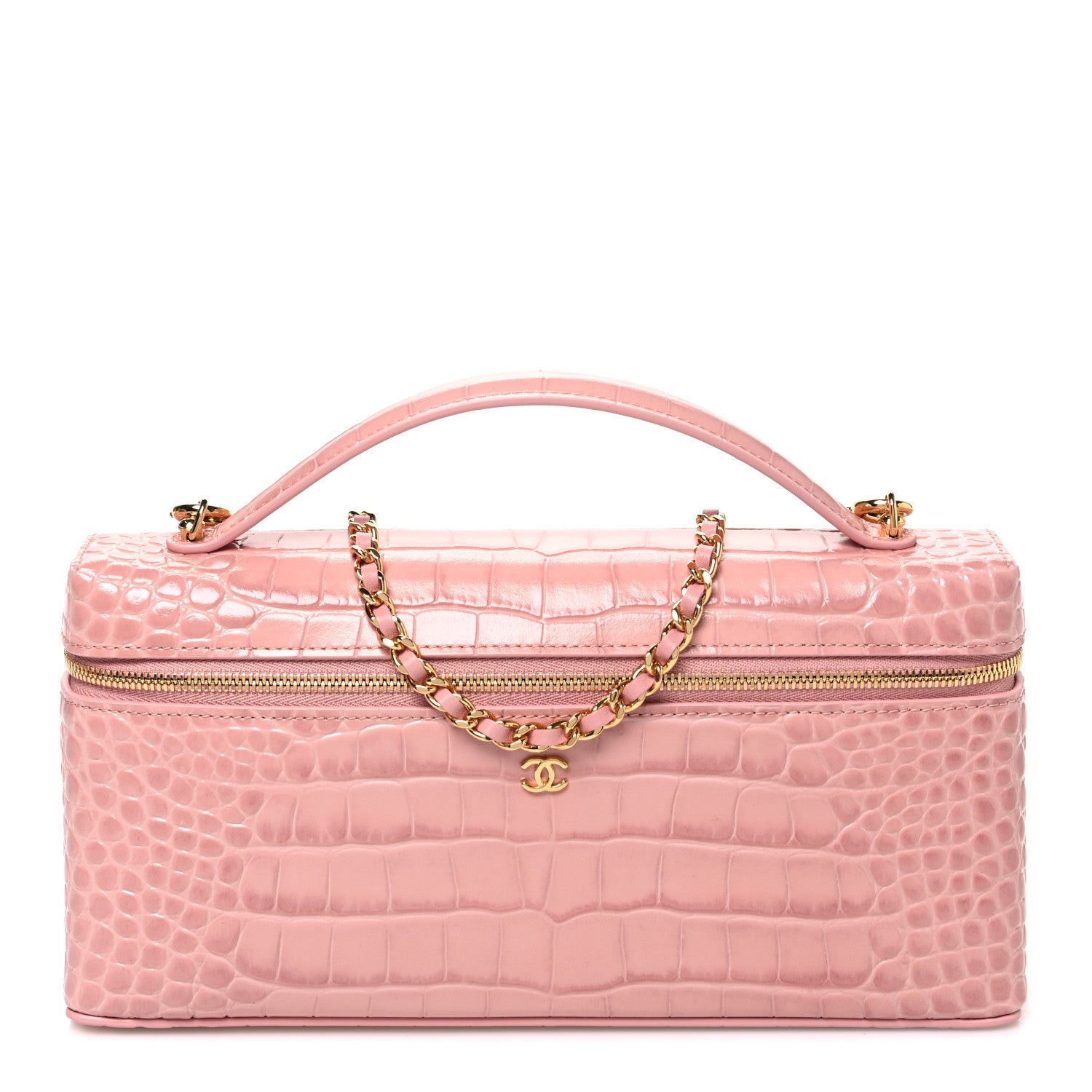 Calfskin Crocodile Embossed Crococo Top Handle East West Vanity Case With Chain Pink