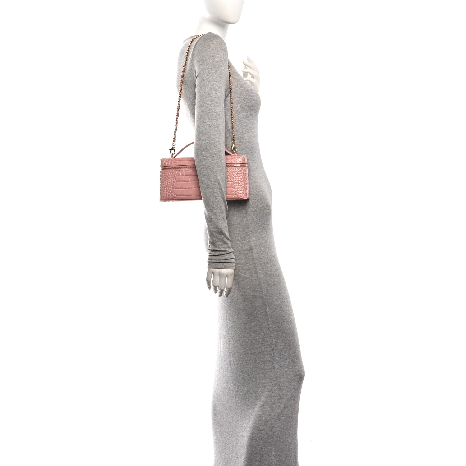 Calfskin Crocodile Embossed Crococo Top Handle East West Vanity Case With Chain Pink — view 2