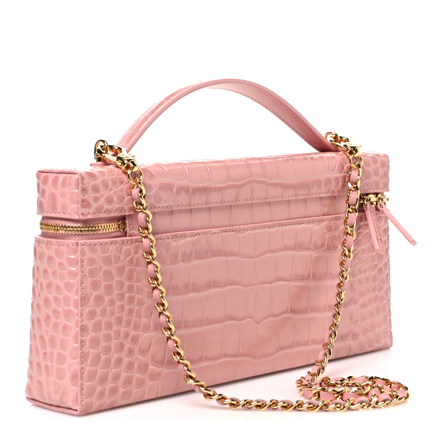 Calfskin Crocodile Embossed Crococo Top Handle East West Vanity Case With Chain Pink — view 3