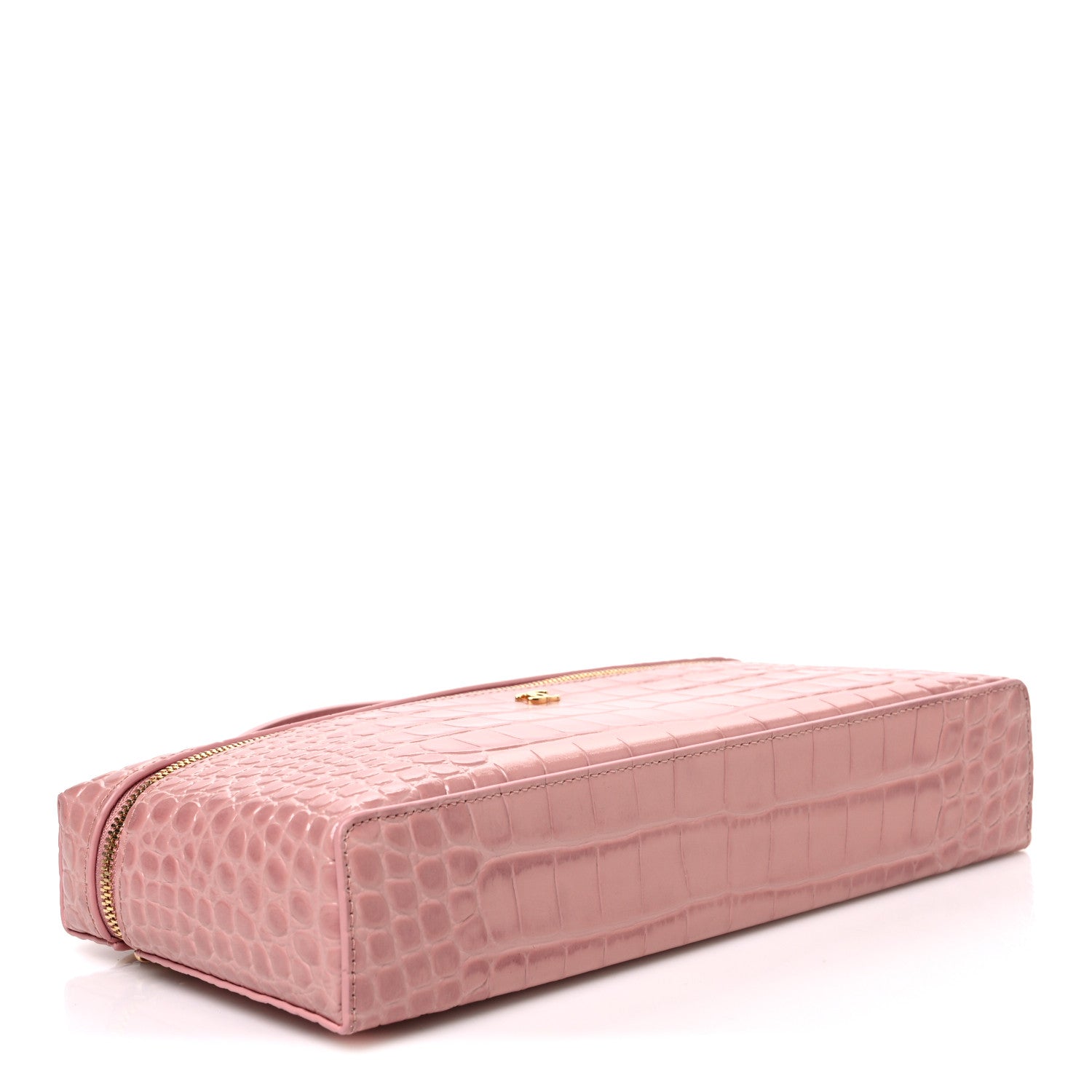 Calfskin Crocodile Embossed Crococo Top Handle East West Vanity Case With Chain Pink — view 4
