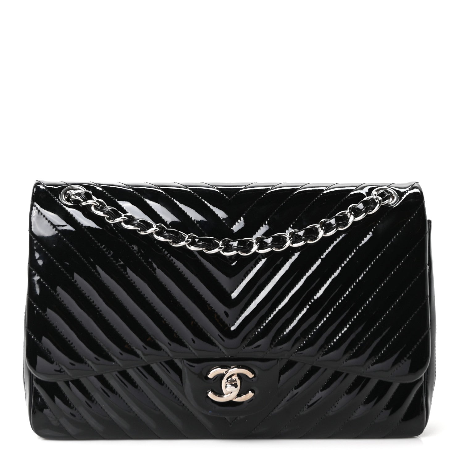 Patent Chevron Quilted Jumbo Double Flap Black