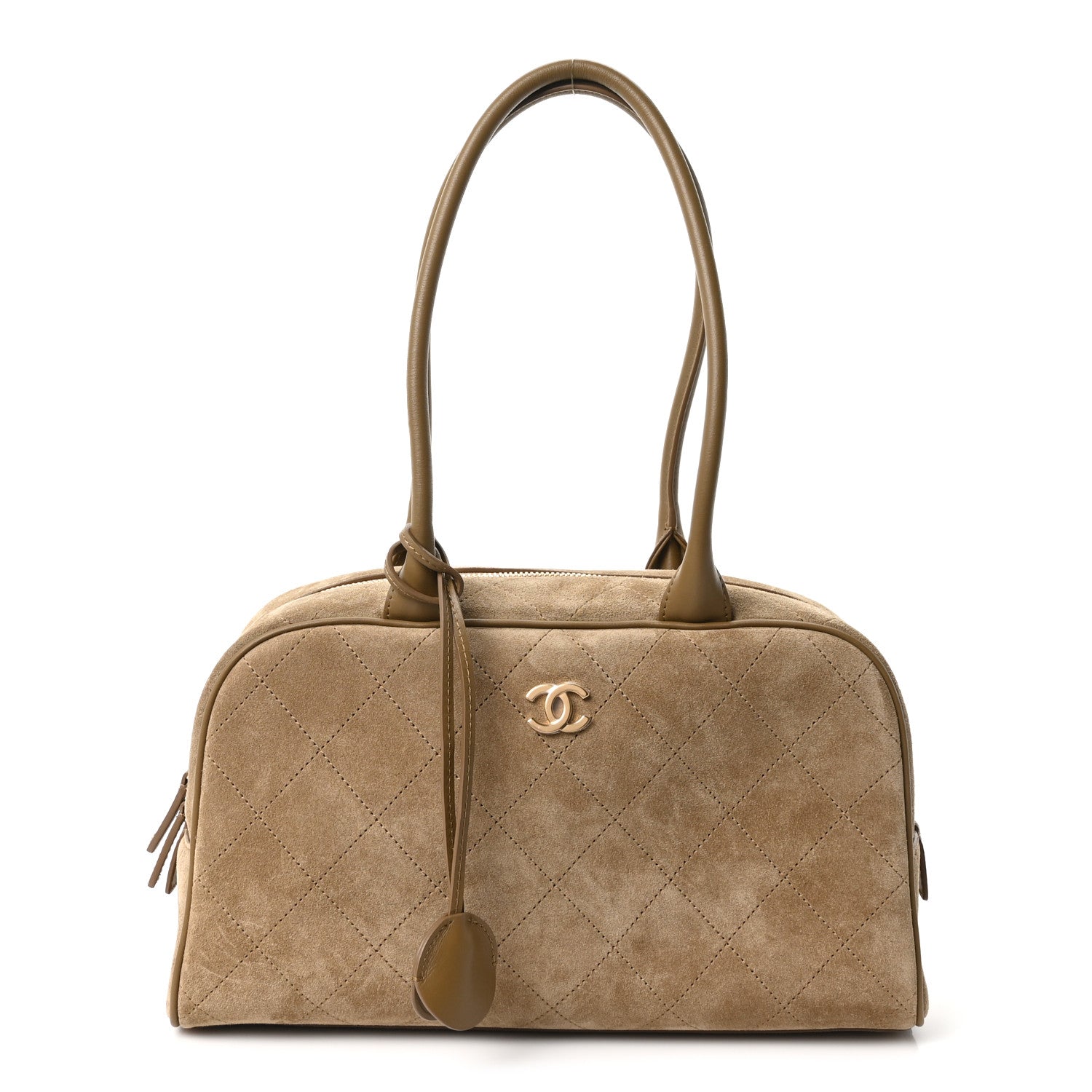 Suede Calfskin Large Perfect Bowling Bag Dark Beige