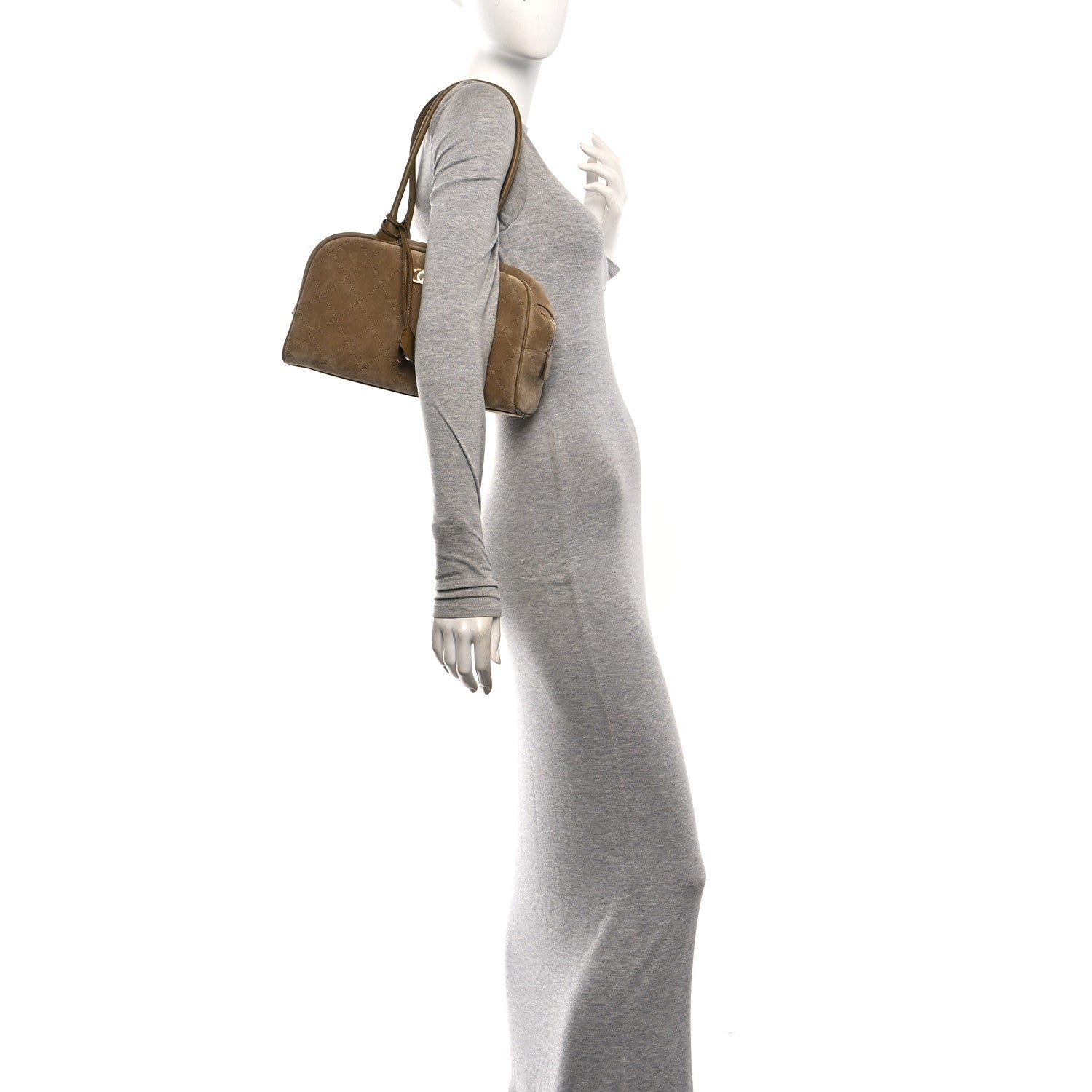Suede Calfskin Large Perfect Bowling Bag Dark Beige — view 2
