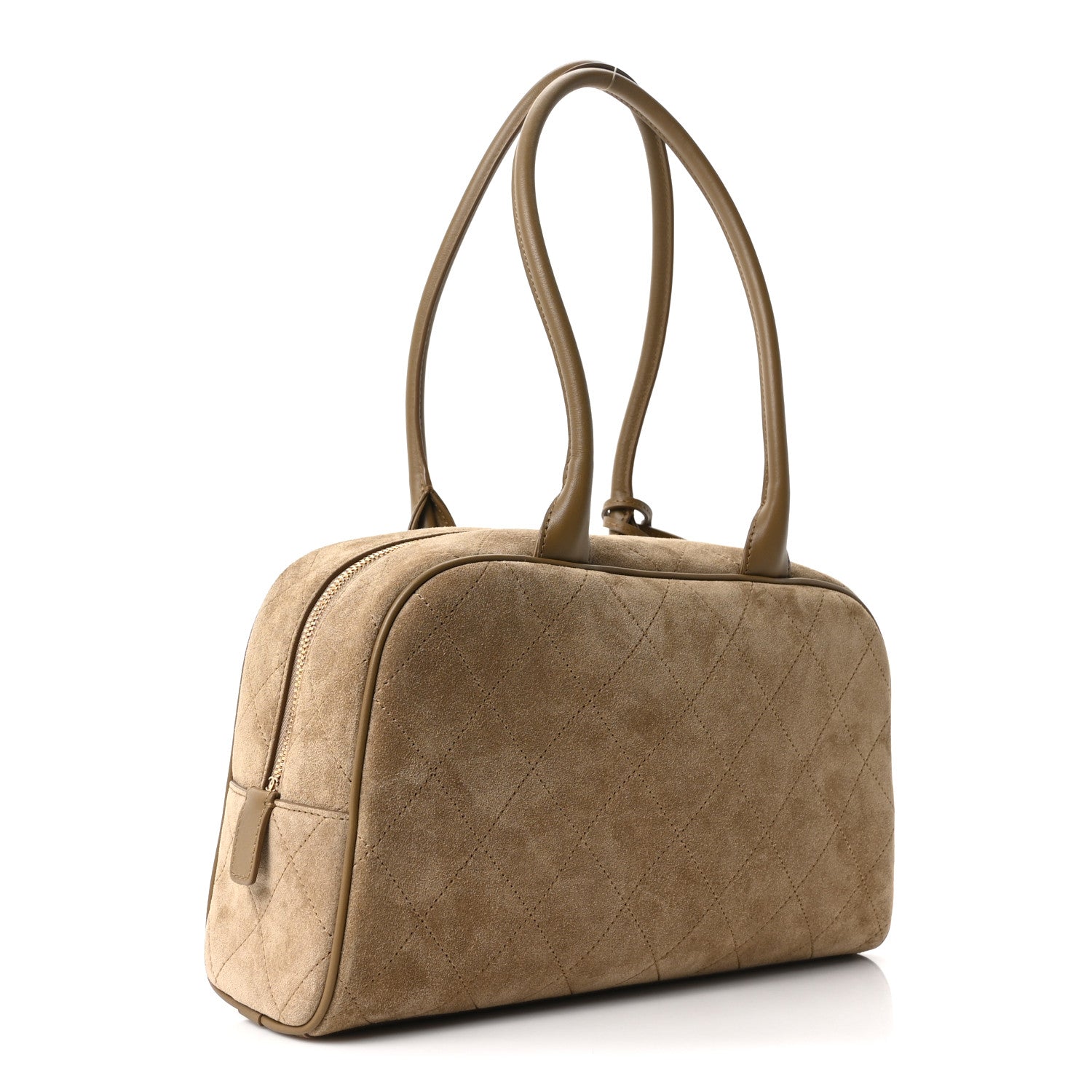 Suede Calfskin Large Perfect Bowling Bag Dark Beige — view 3