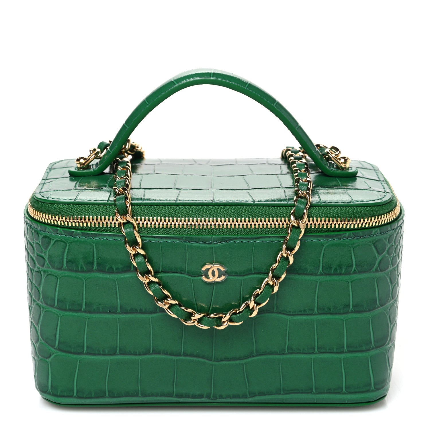 Calfskin Crocodile Embossed Exoticoco Small Top Handle Vanity Case With Chain Emerald