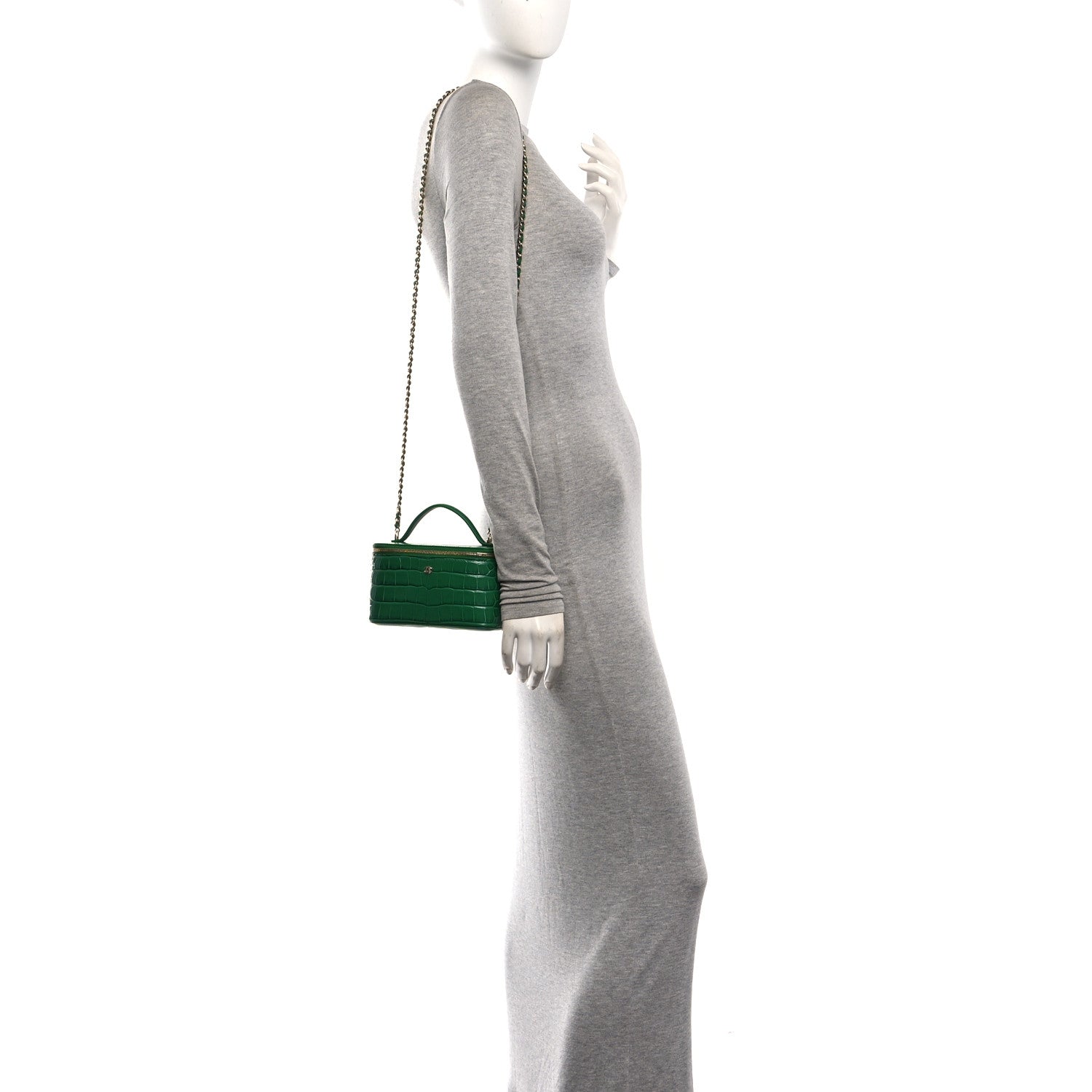 Calfskin Crocodile Embossed Exoticoco Small Top Handle Vanity Case With Chain Emerald — view 2