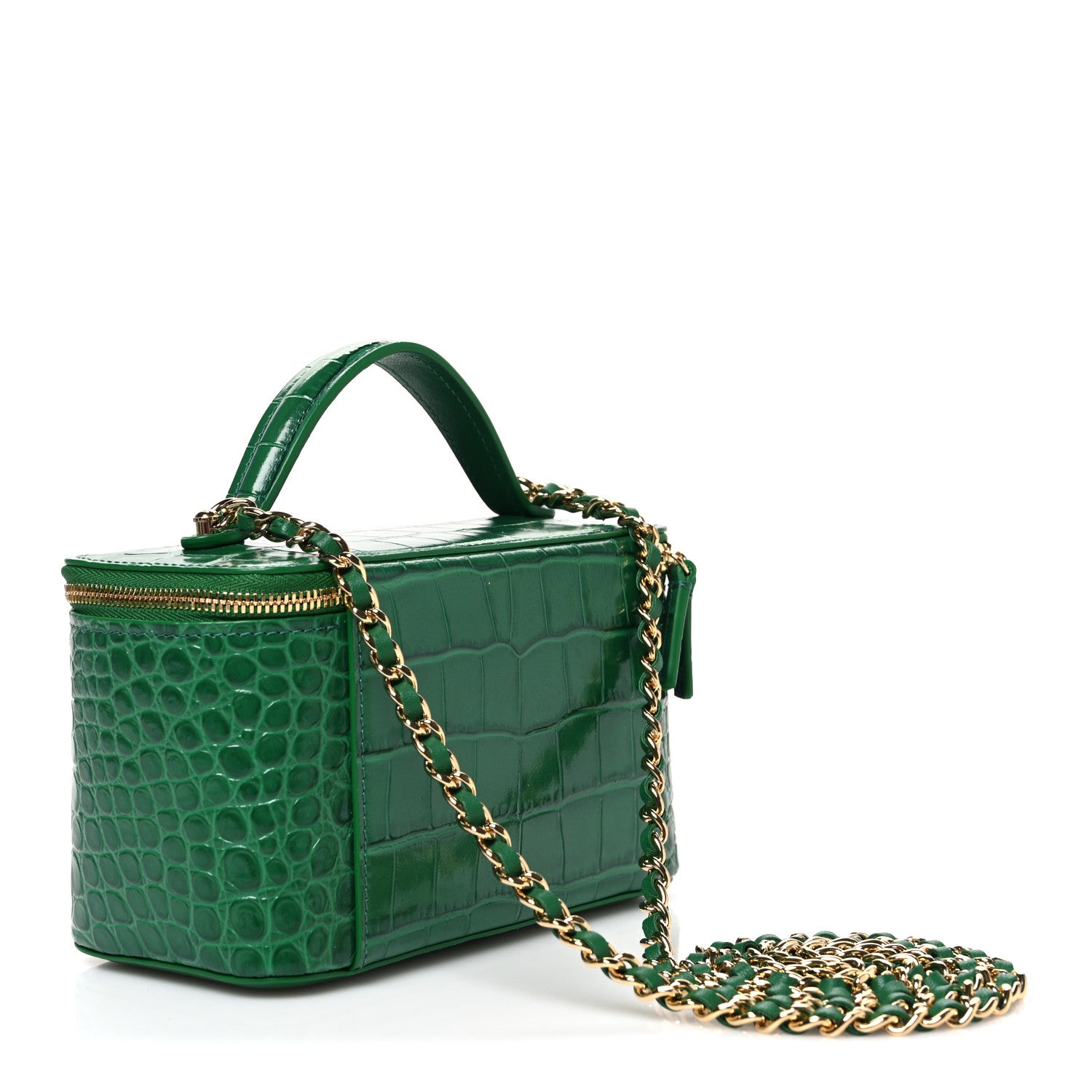 Calfskin Crocodile Embossed Exoticoco Small Top Handle Vanity Case With Chain Emerald — view 3