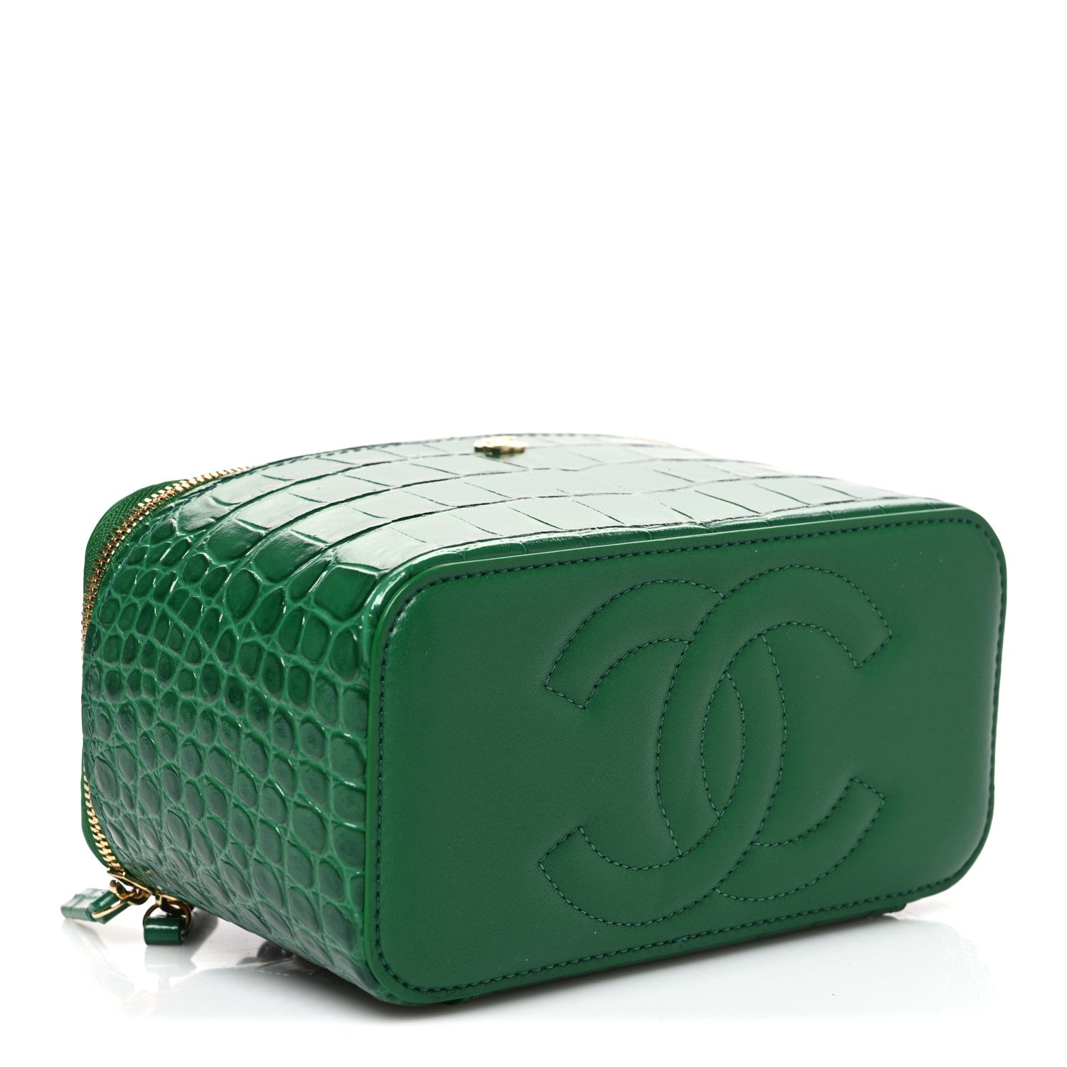 Calfskin Crocodile Embossed Exoticoco Small Top Handle Vanity Case With Chain Emerald — view 4