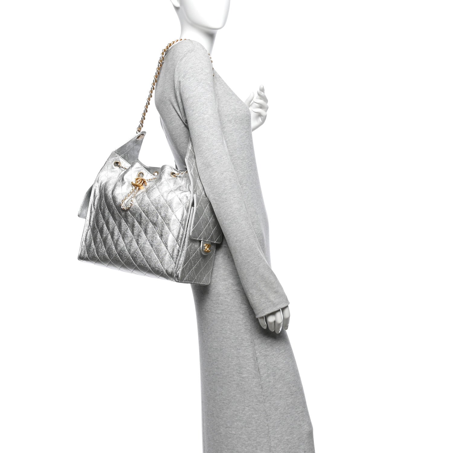 Metallic Caviar Quilted Medium Chanel 25 Handbag Silver — view 2