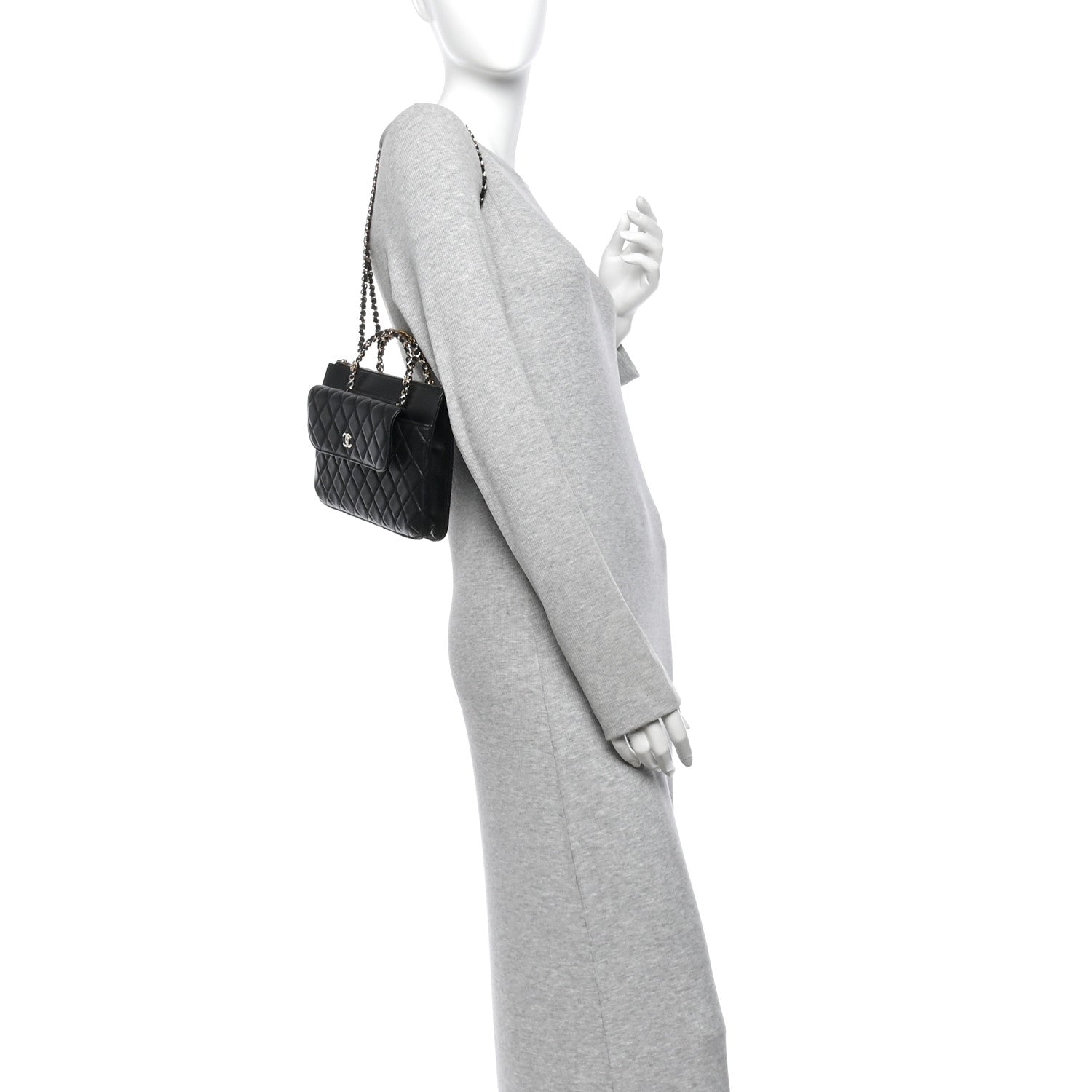 Lambskin Quilted Chain Top Handle Clutch With Chain Black — view 3
