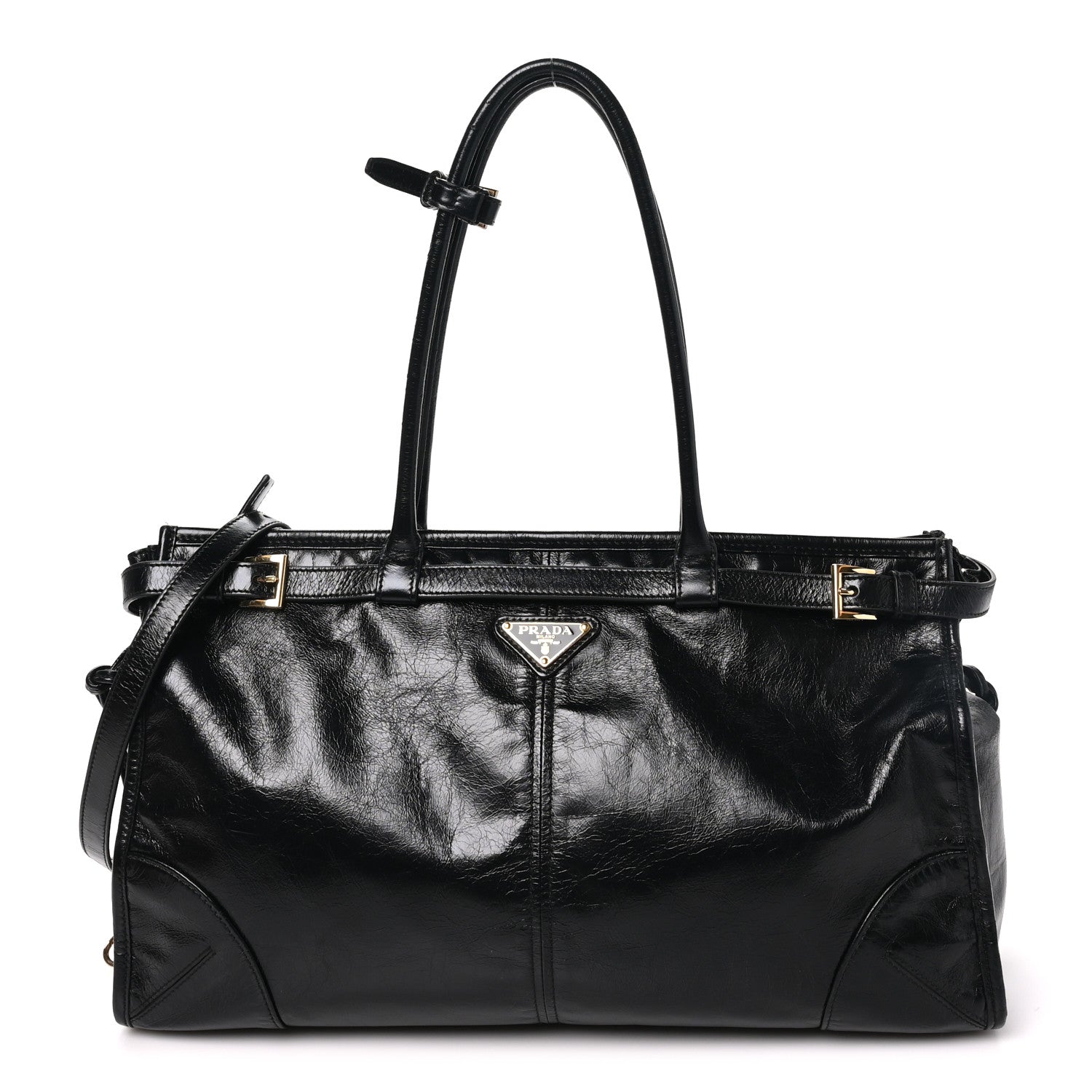 Glossy Calfskin Triangle Large Bonnie Shoulder Bag Black