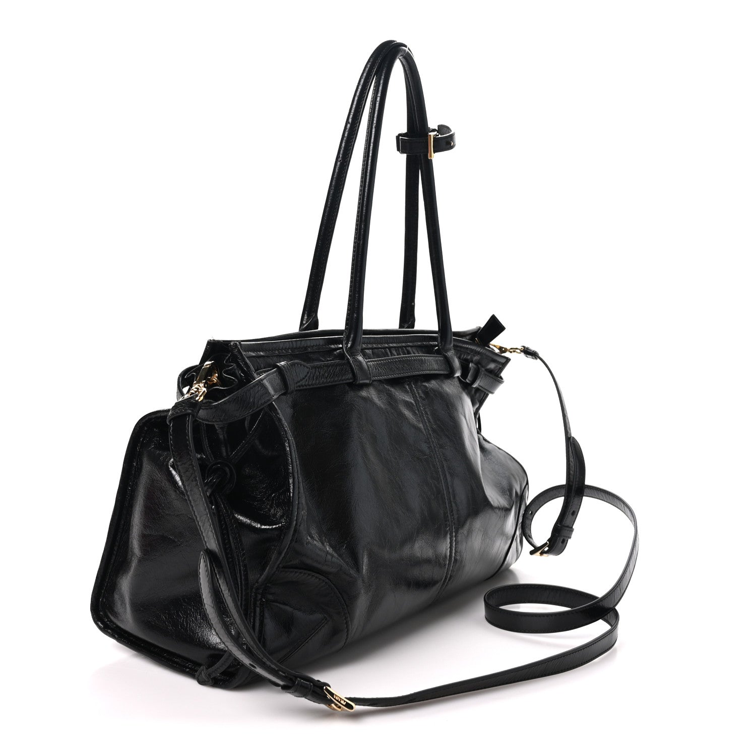 Glossy Calfskin Triangle Large Bonnie Shoulder Bag Black — view 3