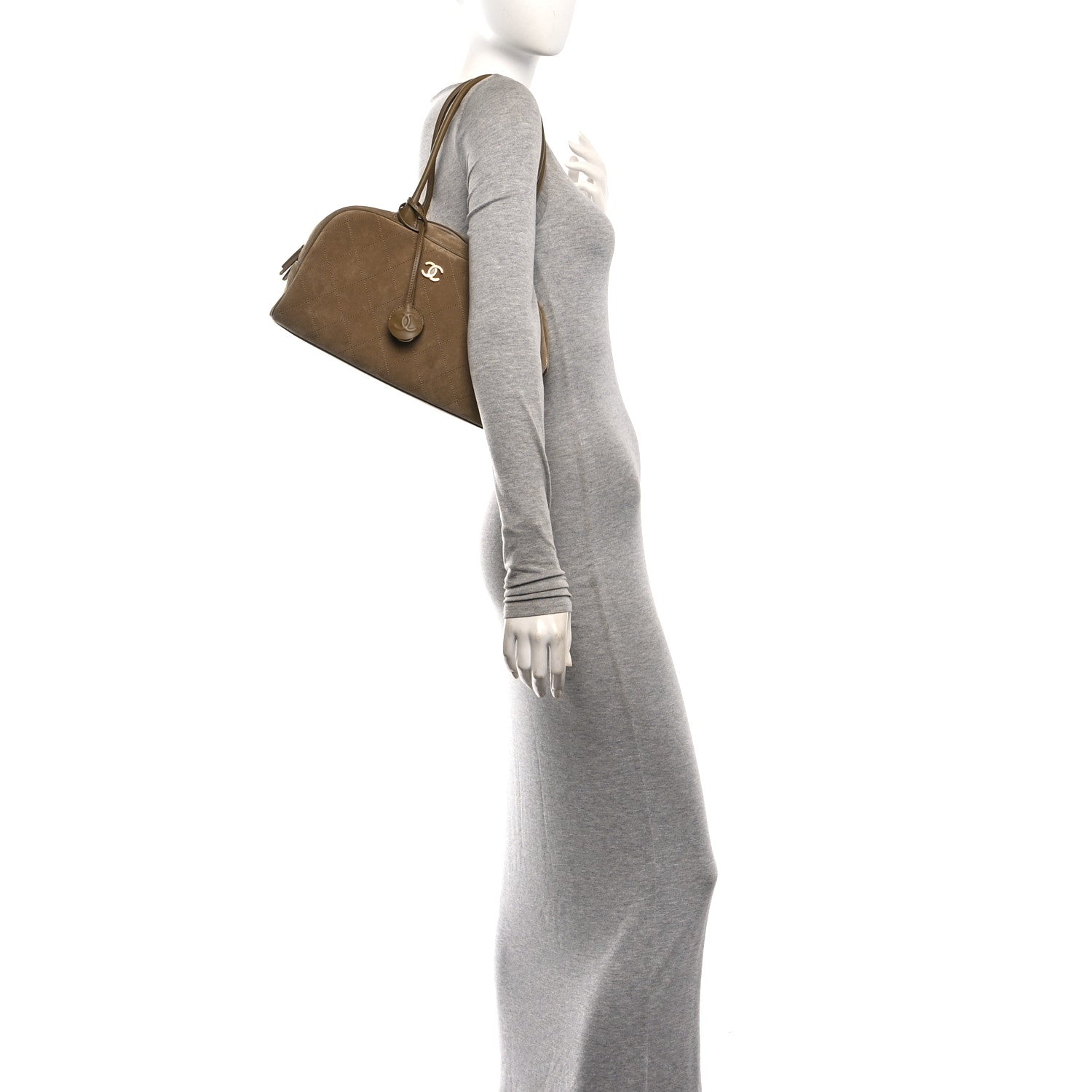 Suede Calfskin Large Perfect Bowling Bag Dark Beige — view 2
