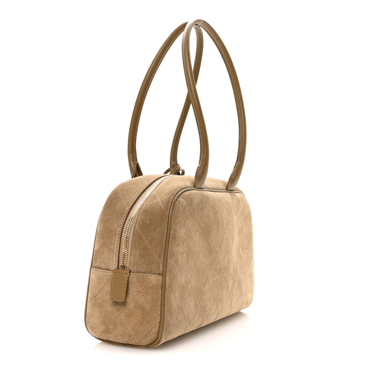 Suede Calfskin Large Perfect Bowling Bag Dark Beige — view 3