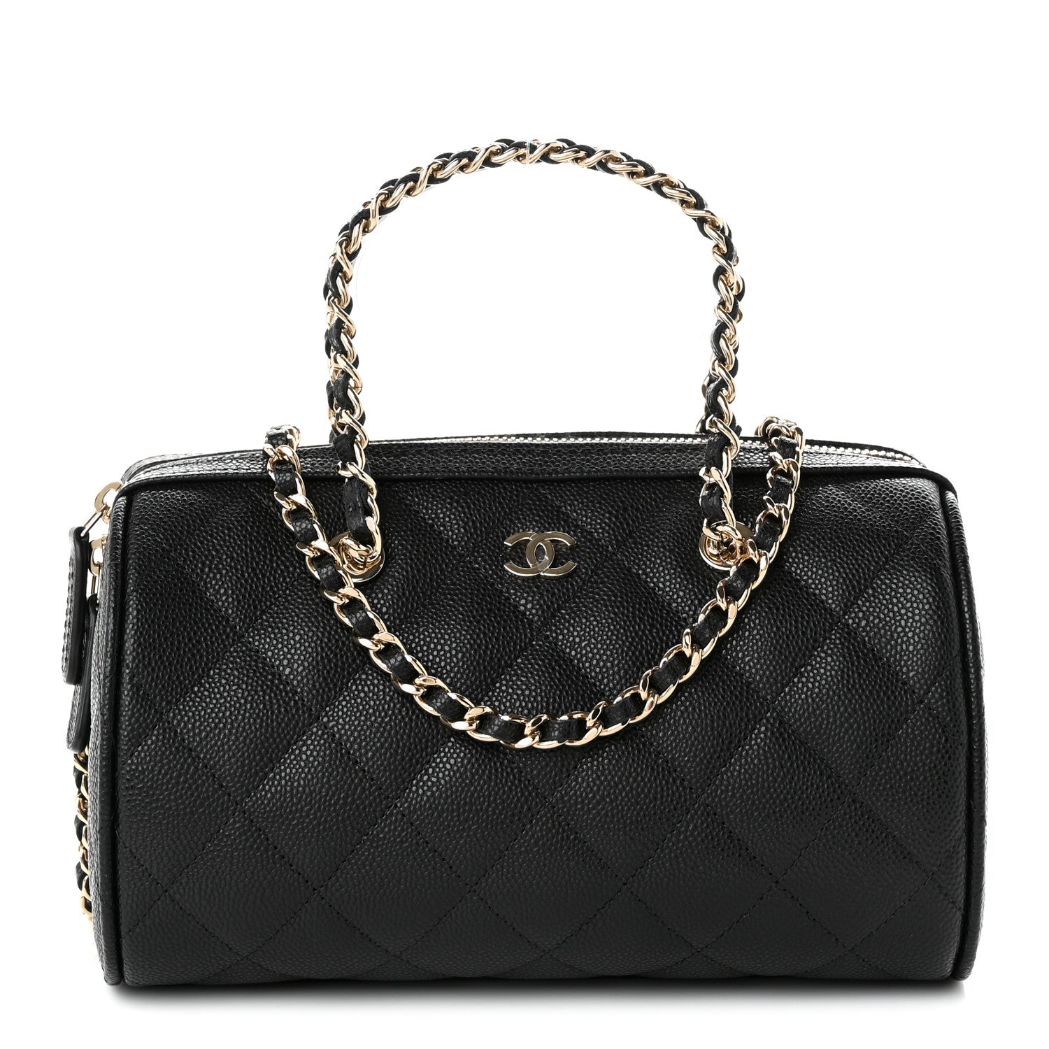 Caviar Quilted Barrel Clutch With Chain Black