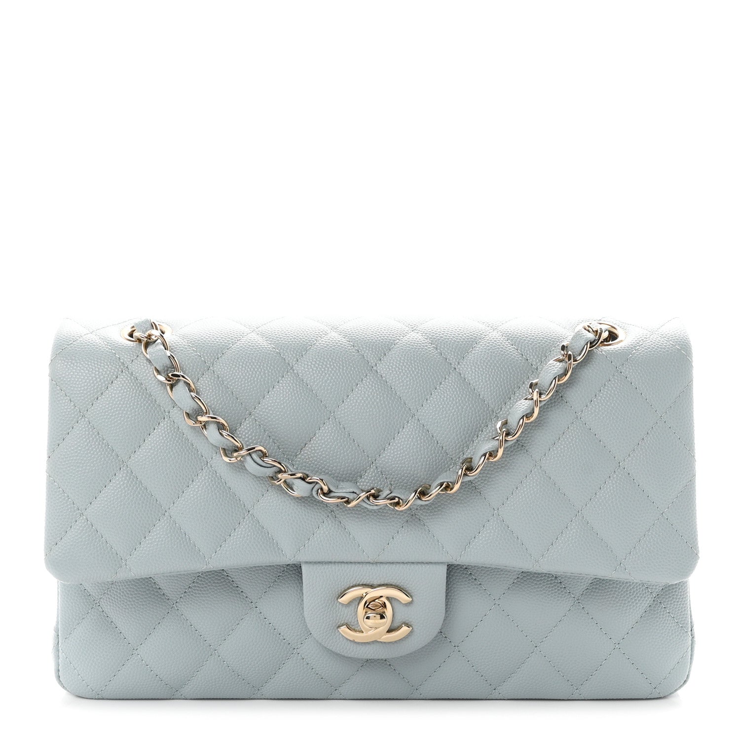 Caviar Quilted Medium Double Flap Light Blue