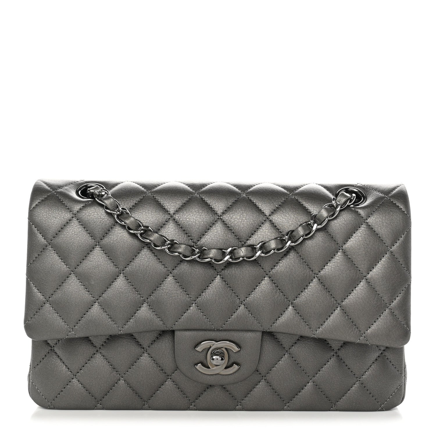 Metallic Calfskin Quilted Medium Double Flap Ruthenium Ruthenium