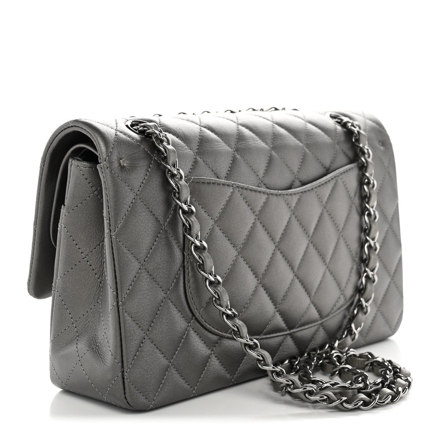 Metallic Calfskin Quilted Medium Double Flap Ruthenium Ruthenium — view 3