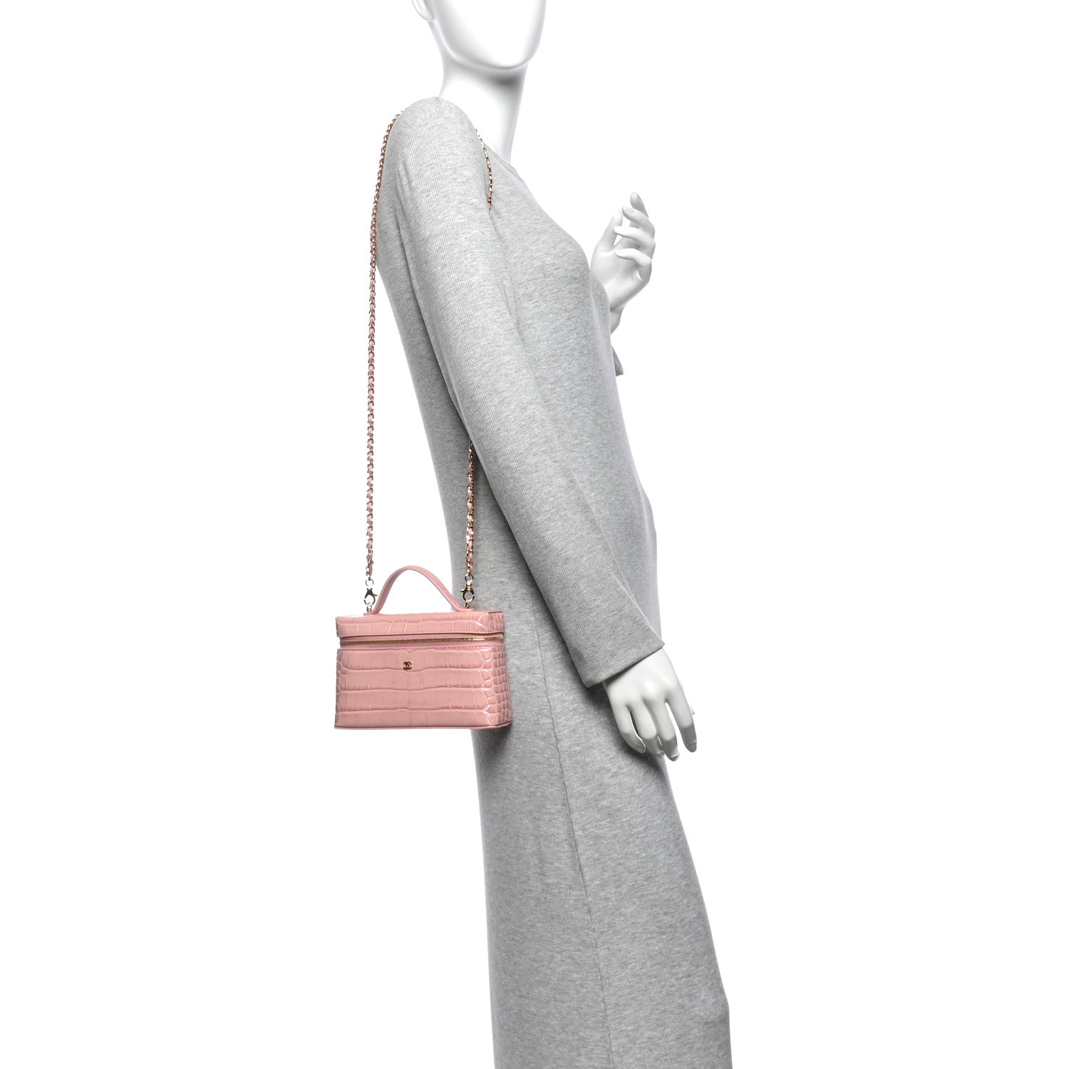 Calfskin Crocodile Embossed Crococo Top Handle Slim Vanity Case With Chain Light Pink — view 2