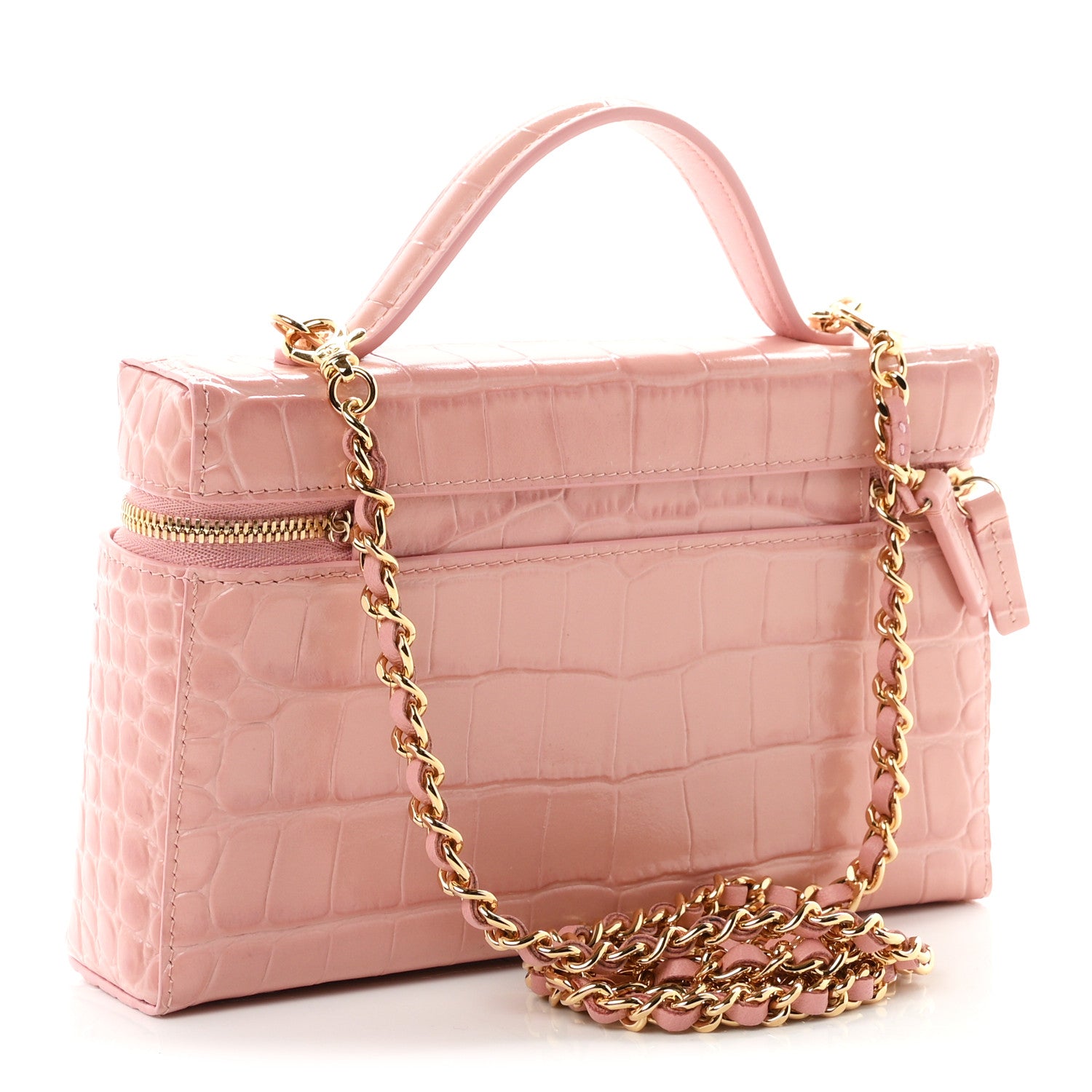 Calfskin Crocodile Embossed Crococo Top Handle Slim Vanity Case With Chain Light Pink — view 3