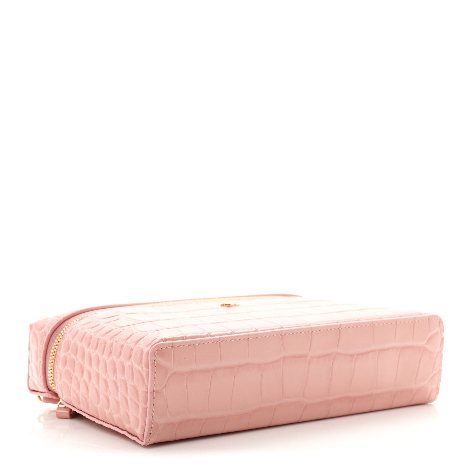 Calfskin Crocodile Embossed Crococo Top Handle Slim Vanity Case With Chain Light Pink — view 4