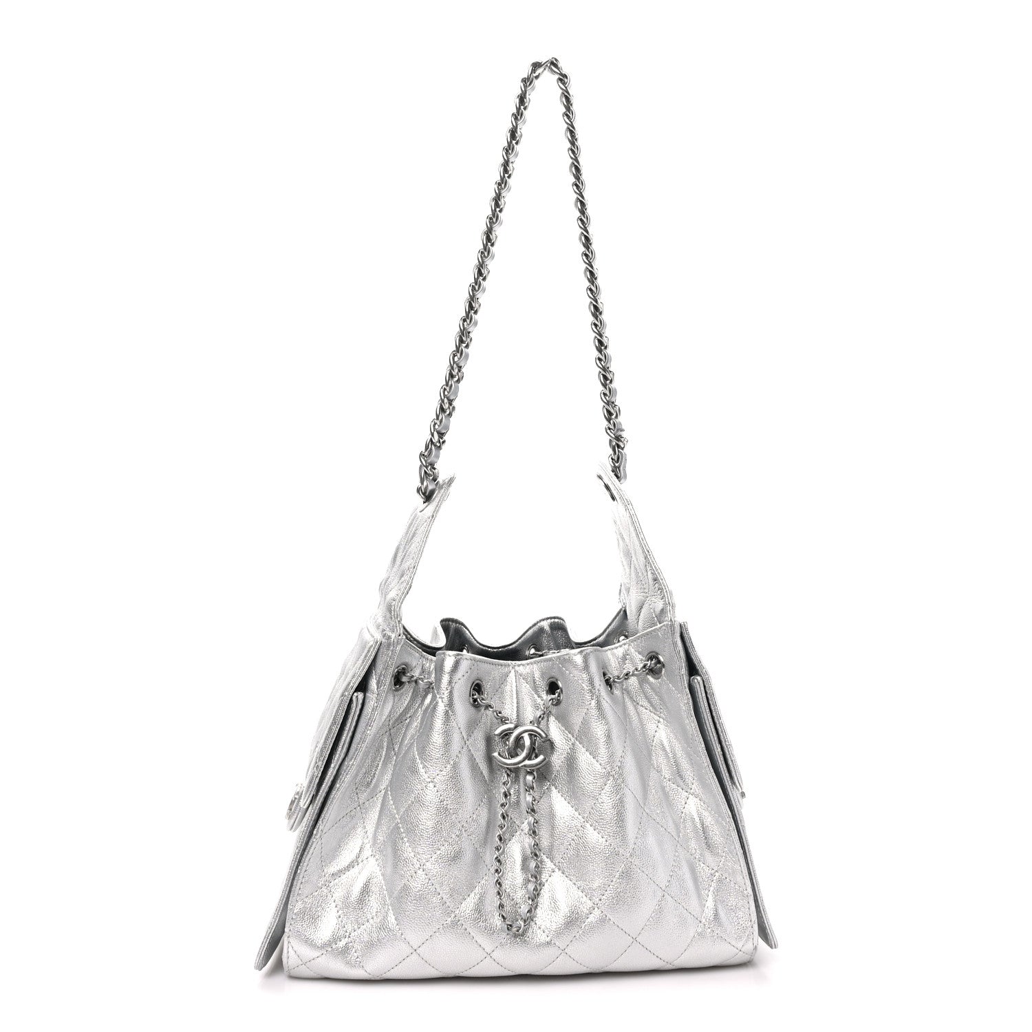 Metallic Caviar Quilted Small Chanel 25 Handbag Silver