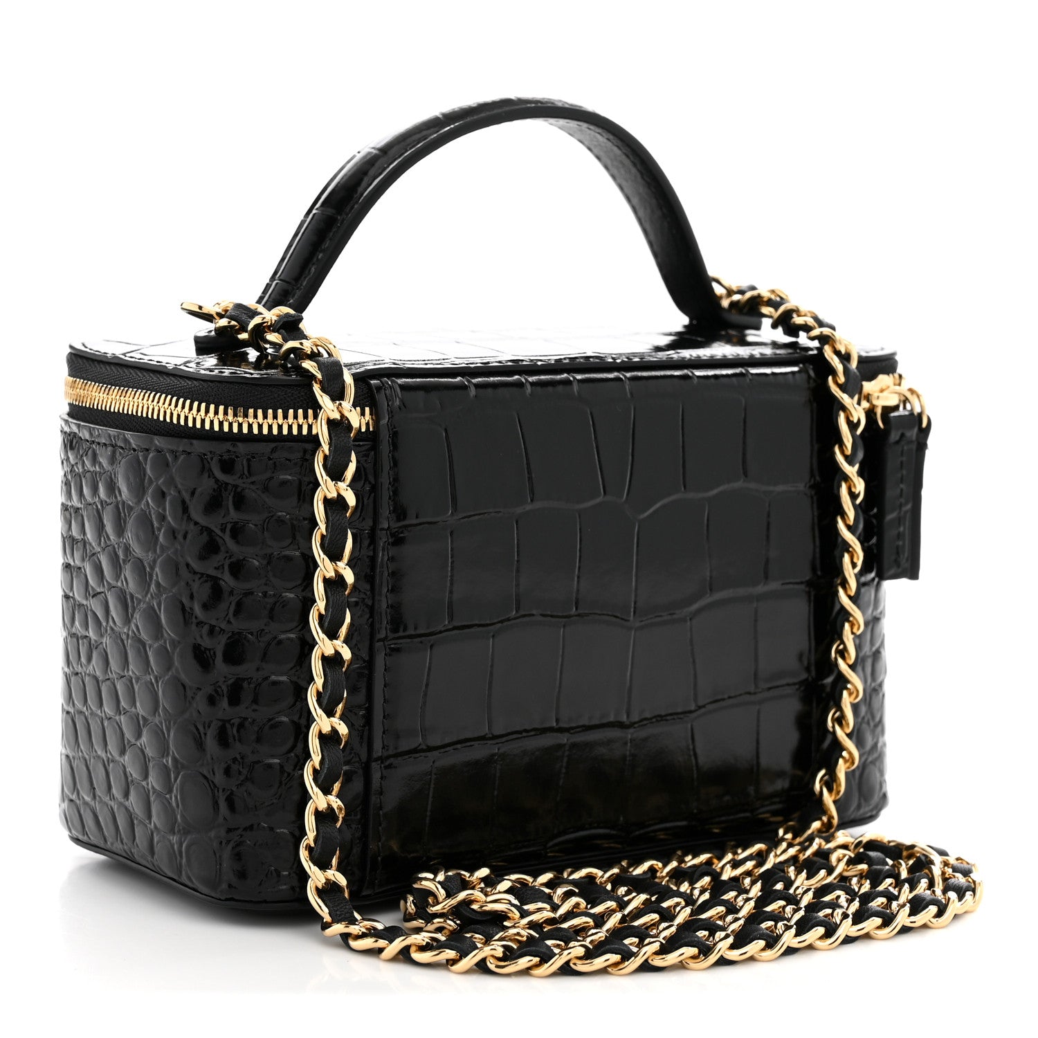 Calfskin Crocodile Embossed Crococo Small Top Handle Vanity Case With Chain Black — view 3