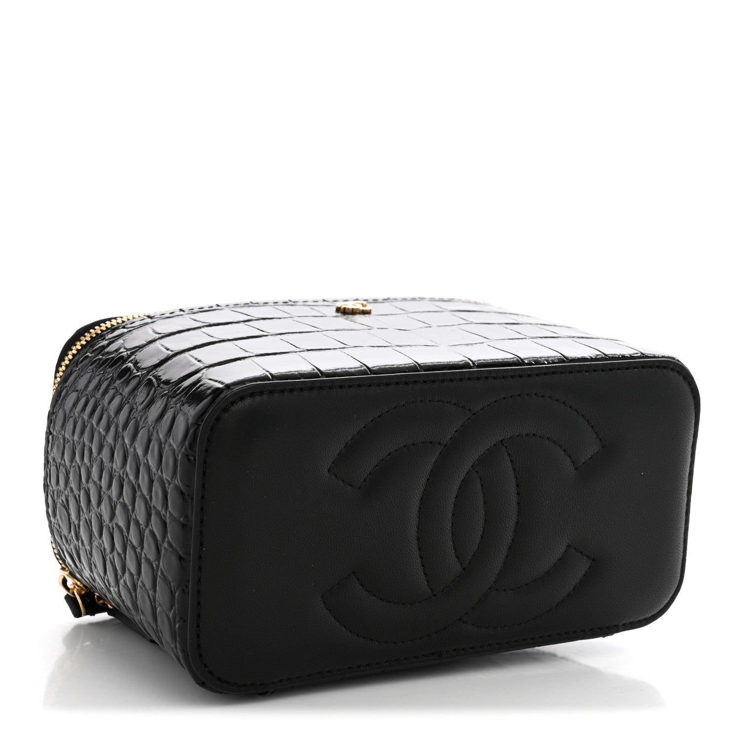 Calfskin Crocodile Embossed Crococo Small Top Handle Vanity Case With Chain Black — view 4