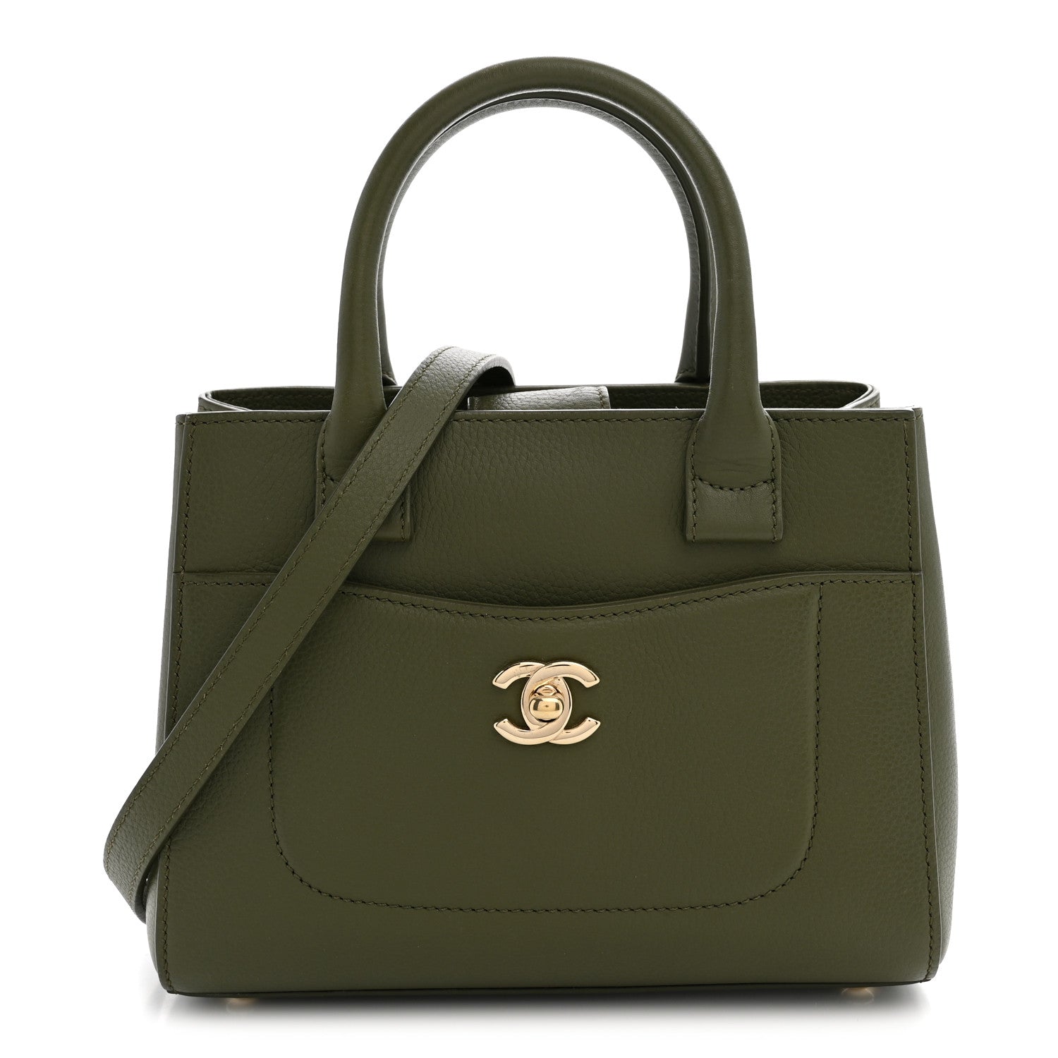 Grained Calfskin Mini Neo Executive Shopper Tote Khaki