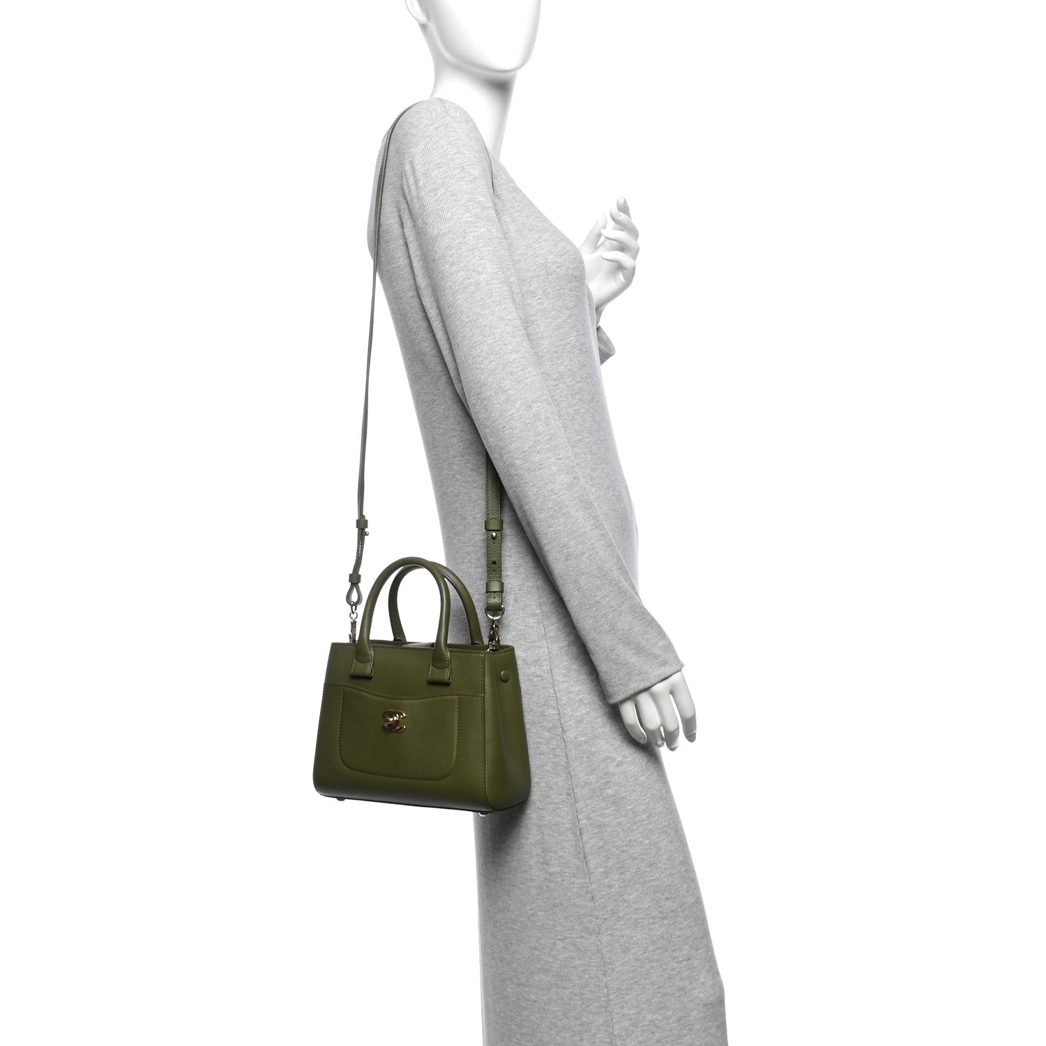 Grained Calfskin Mini Neo Executive Shopper Tote Khaki — view 2
