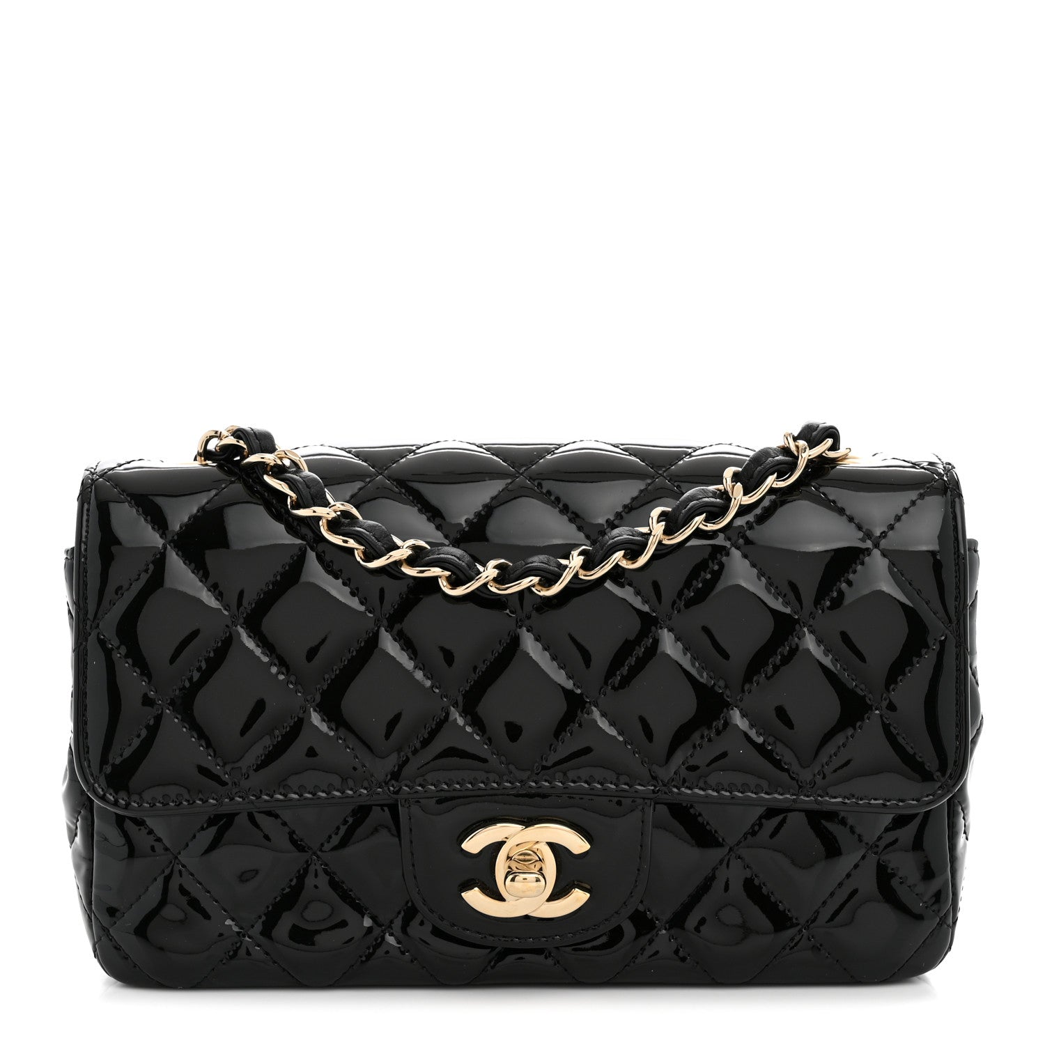 Patent Calfskin Quilted Mini Rectangular Flap Black
