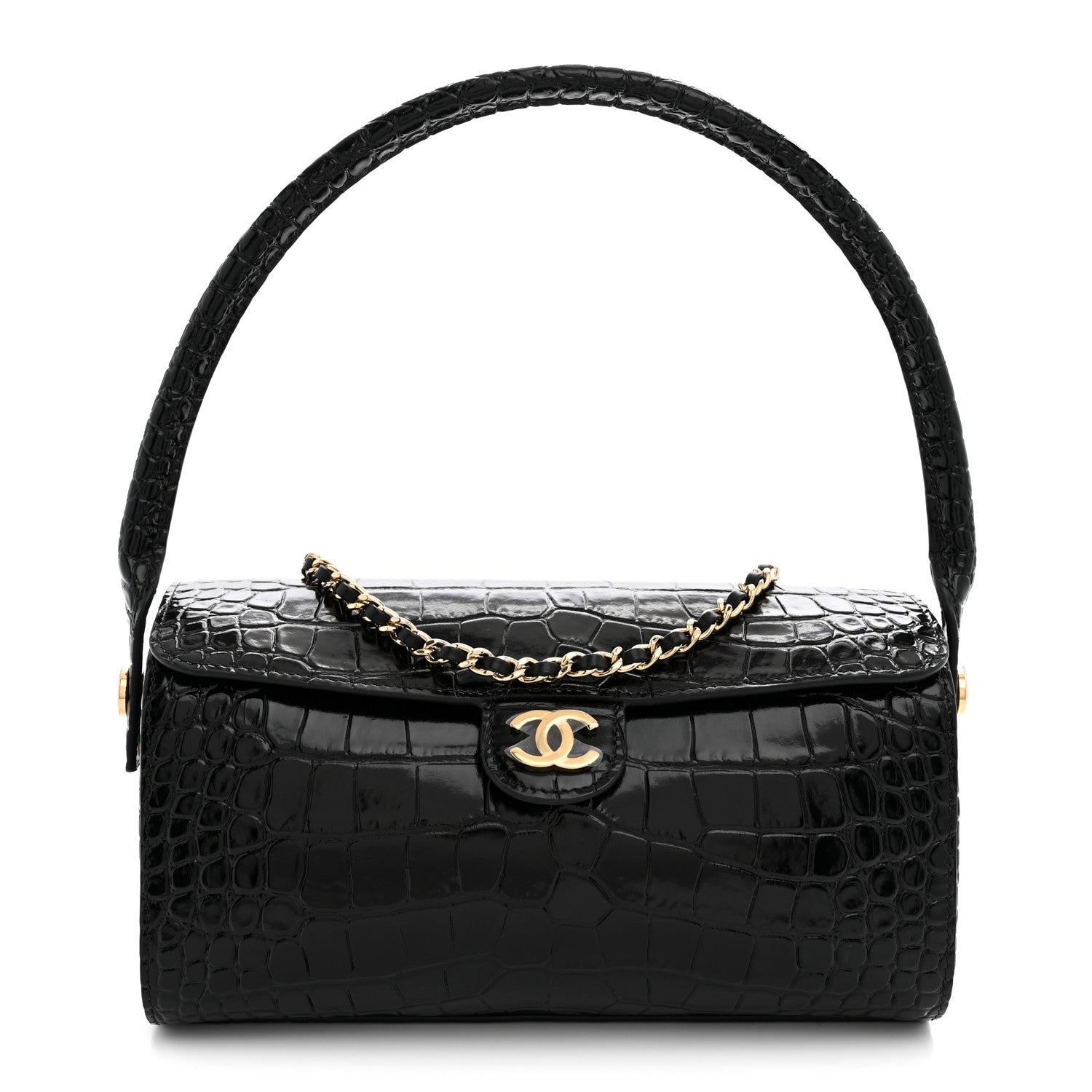 Crocodile Embossed Quilted Turn Around Clutch With Chain Black