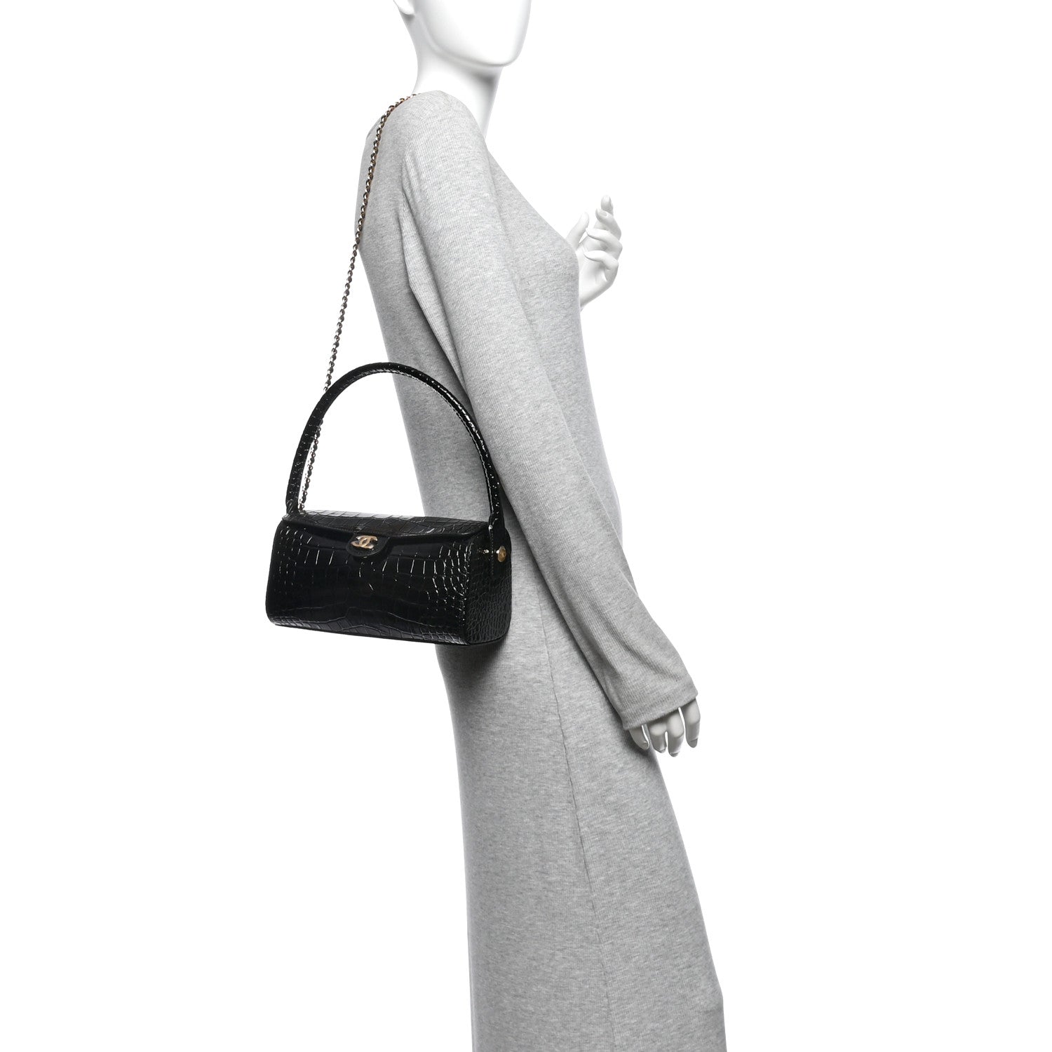 Crocodile Embossed Quilted Turn Around Clutch With Chain Black — view 2