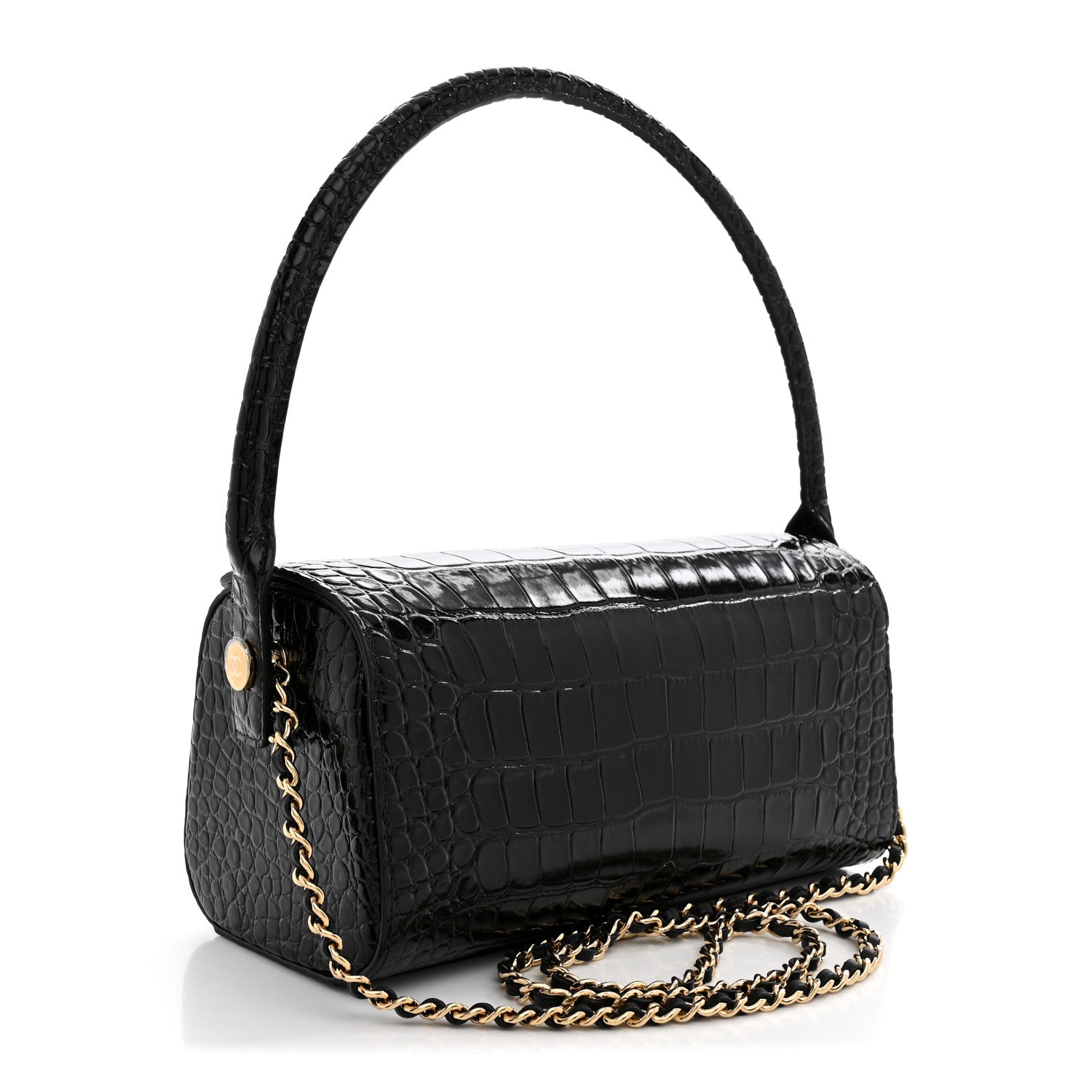 Crocodile Embossed Quilted Turn Around Clutch With Chain Black — view 3
