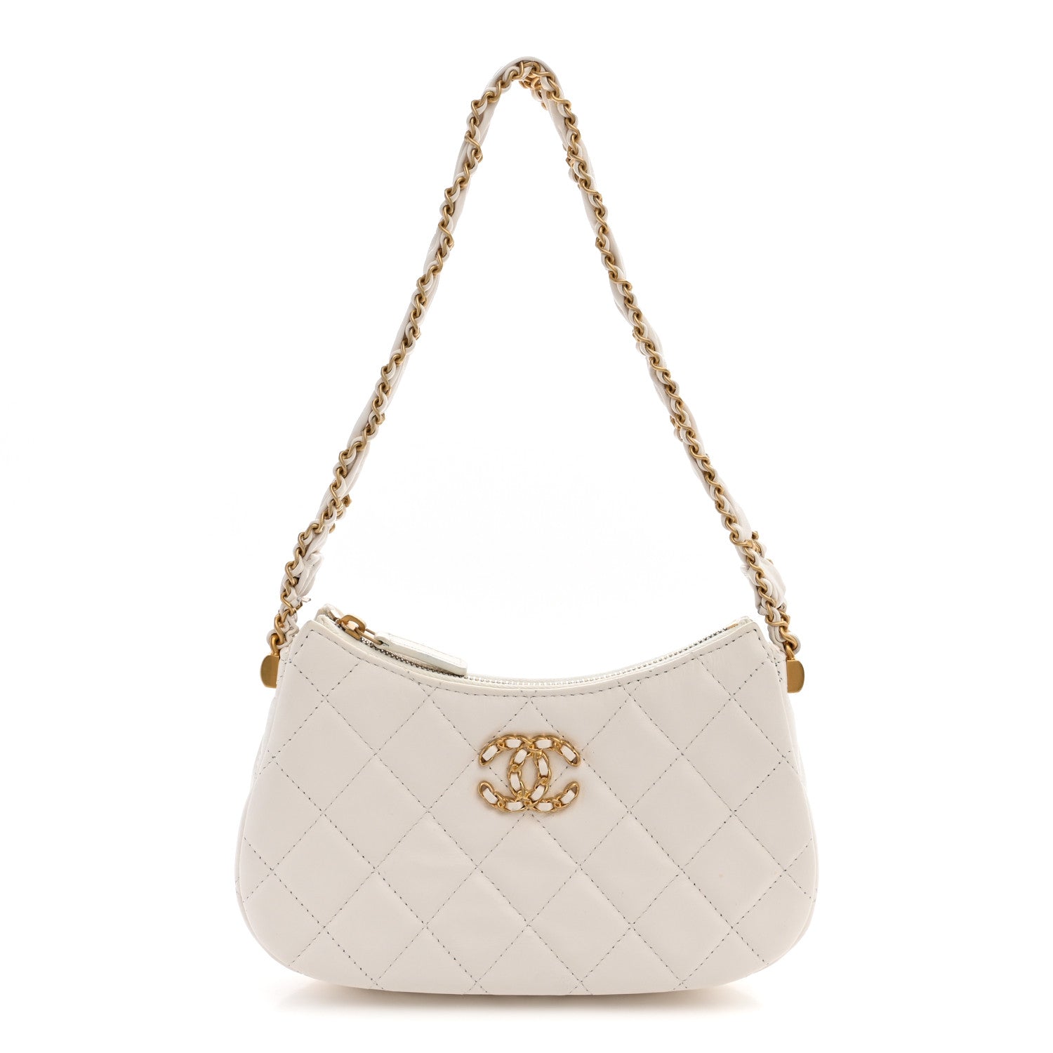 Crumpled Calfskin Quilted Braided CC Small Hobo White