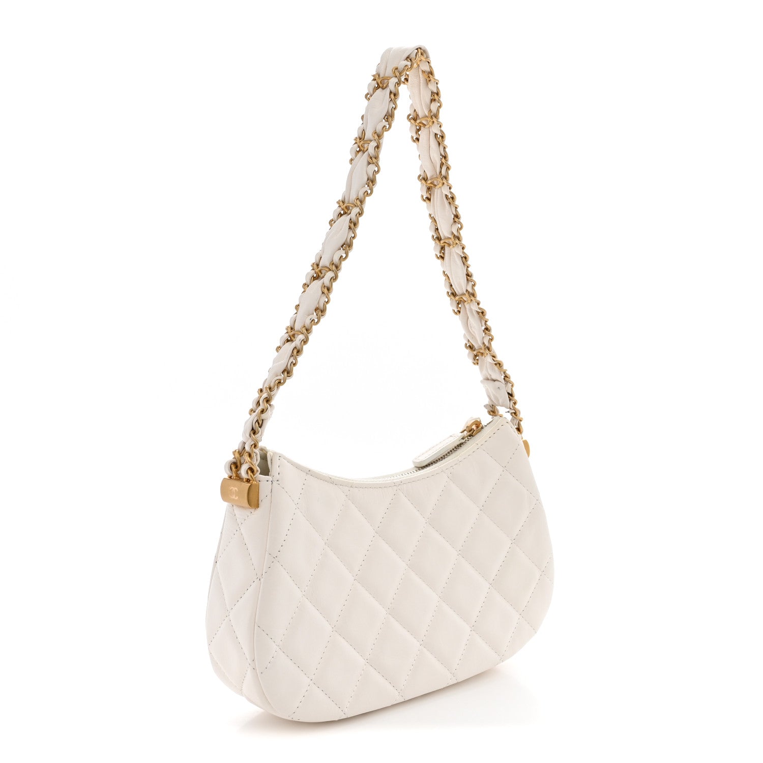 Crumpled Calfskin Quilted Braided CC Small Hobo White — view 3