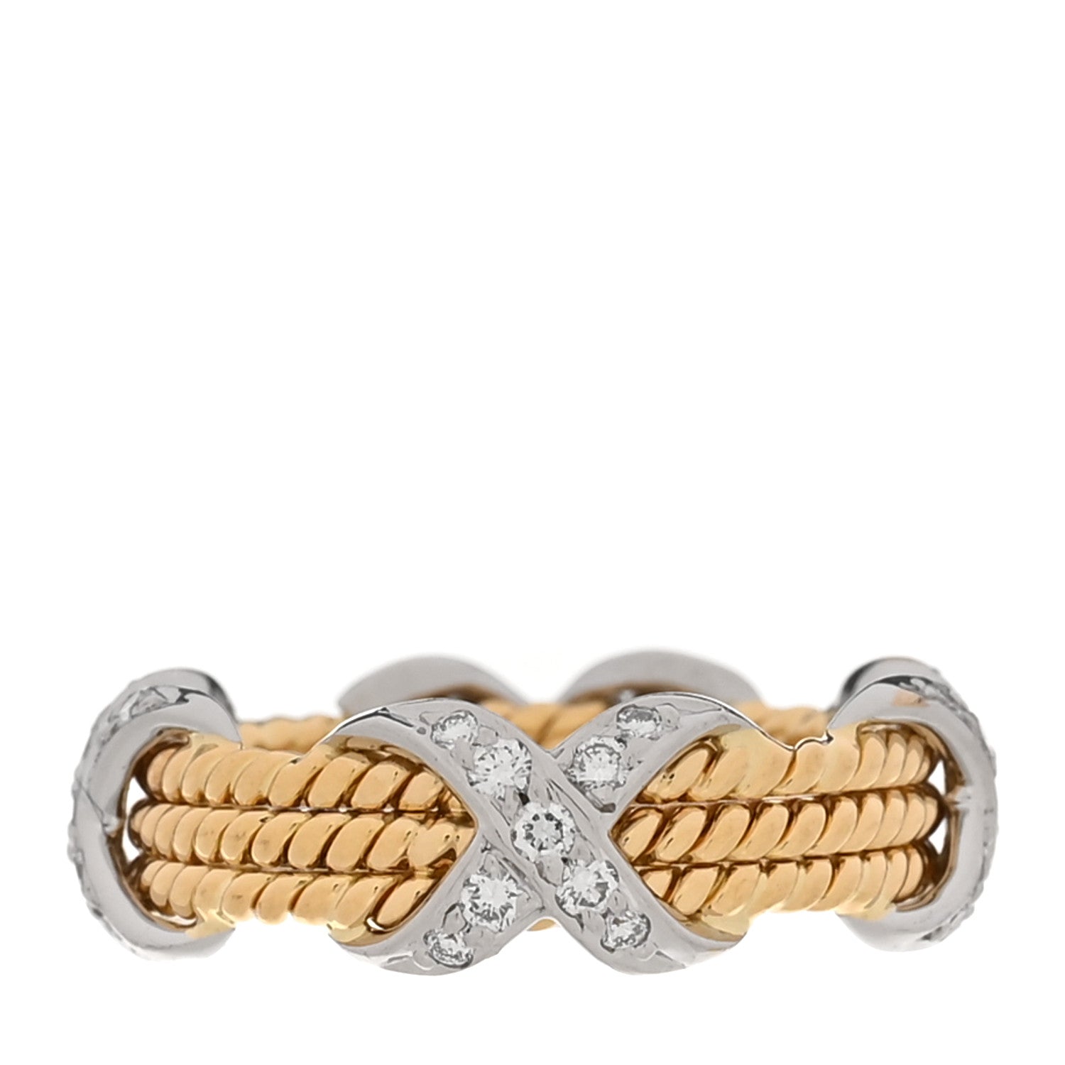 18K Yellow Gold Platinum Diamond Schlumberger Rope Three Row X Ring 52 6 — view 3