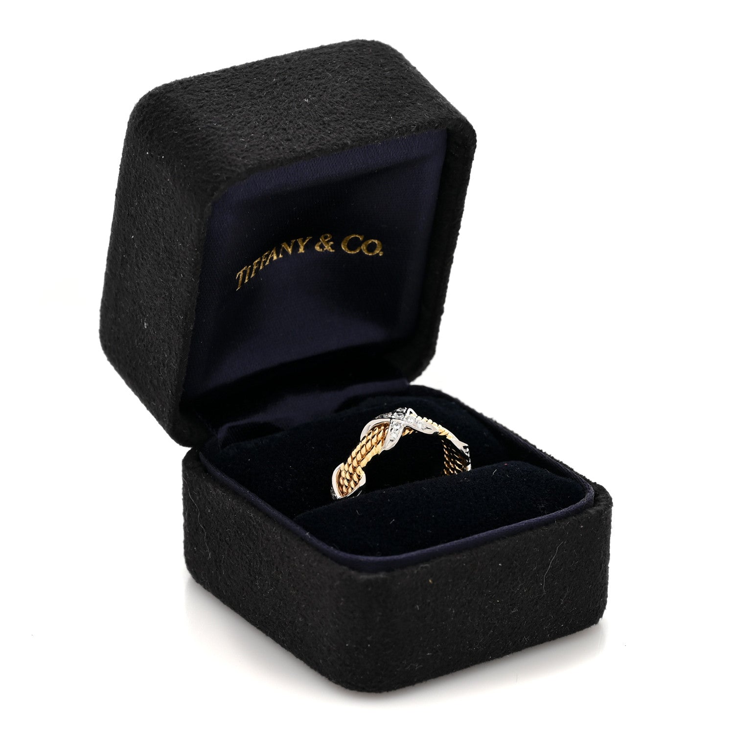 18K Yellow Gold Platinum Diamond Schlumberger Rope Three Row X Ring 52 6 — view 5