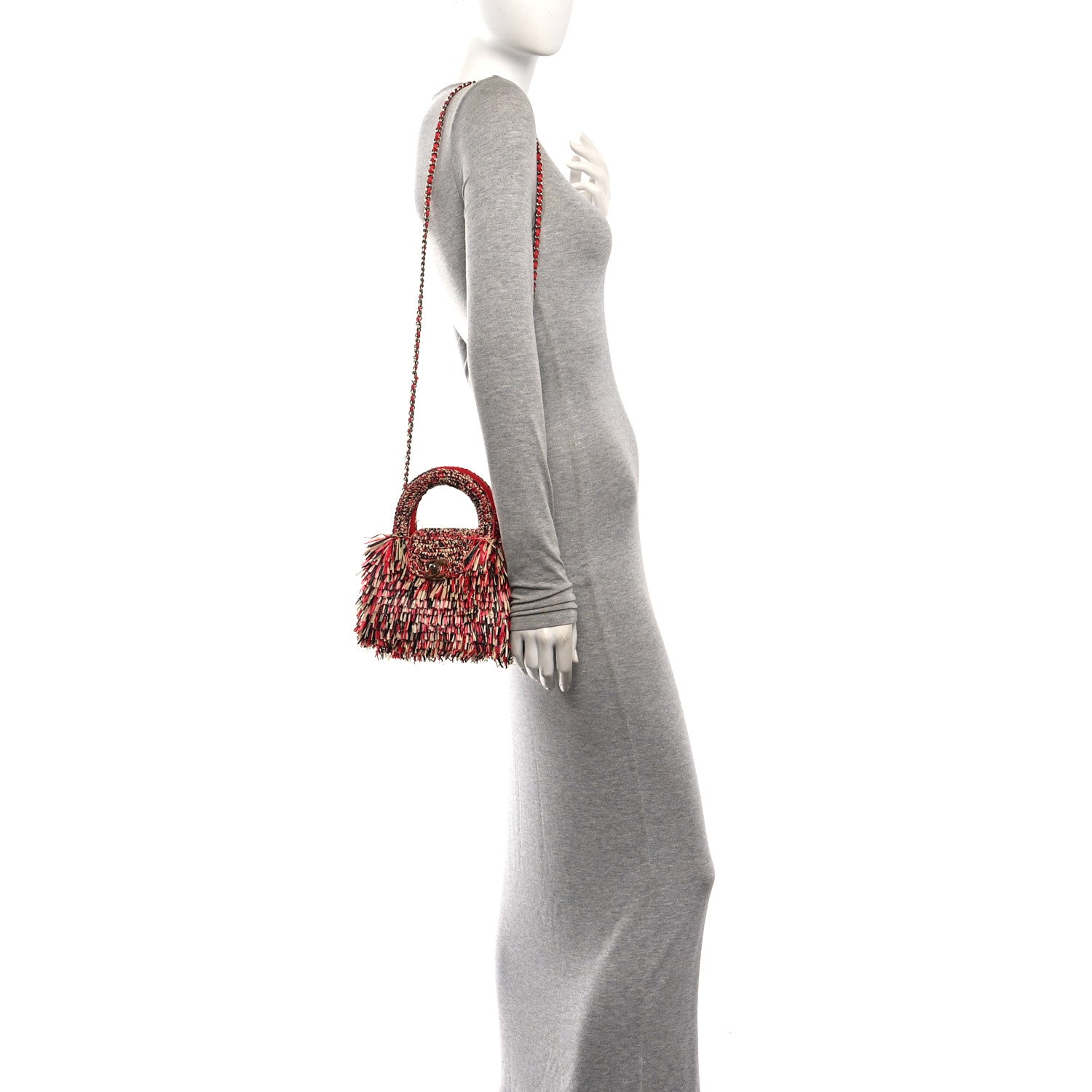 Raffia Fringe Nano Kelly Shopper Red Beige Black — view 2