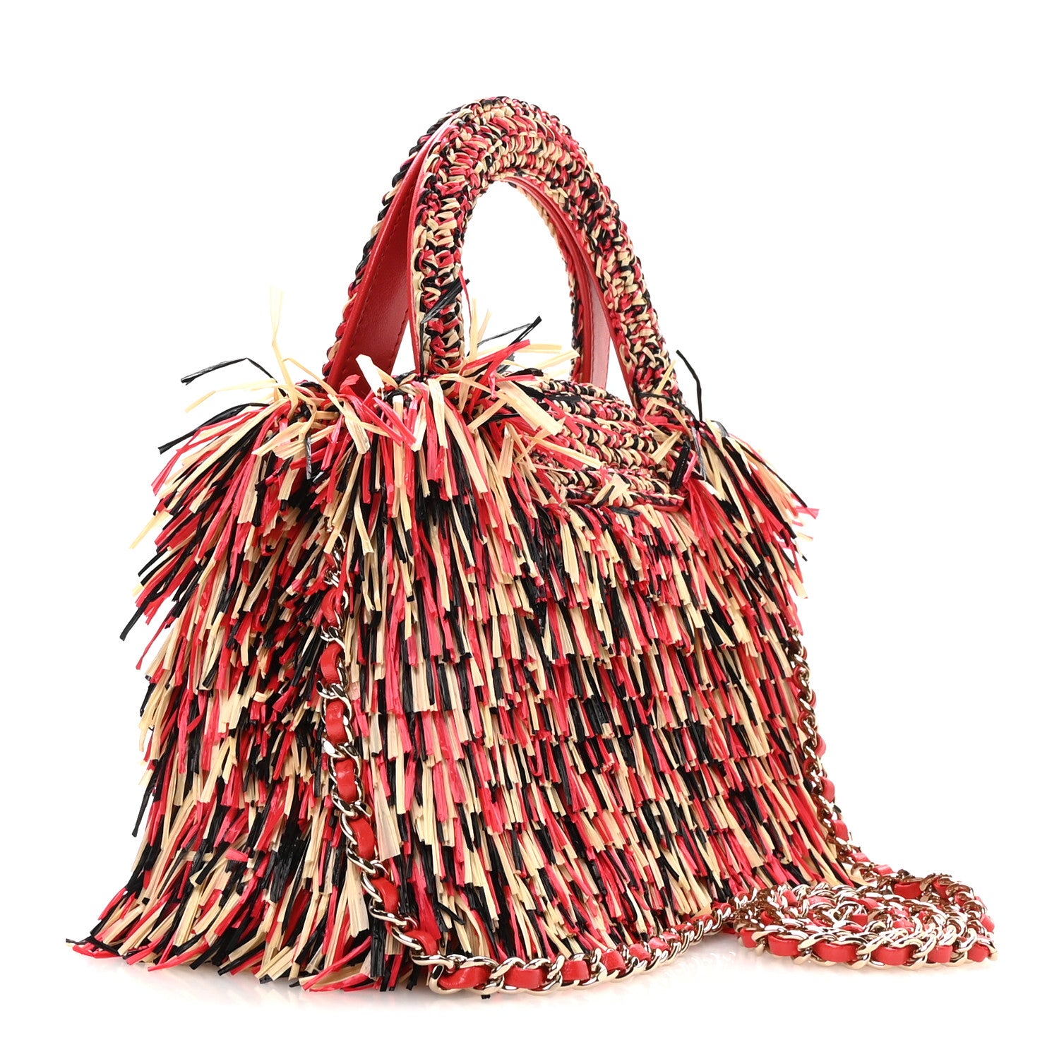 Raffia Fringe Nano Kelly Shopper Red Beige Black — view 3