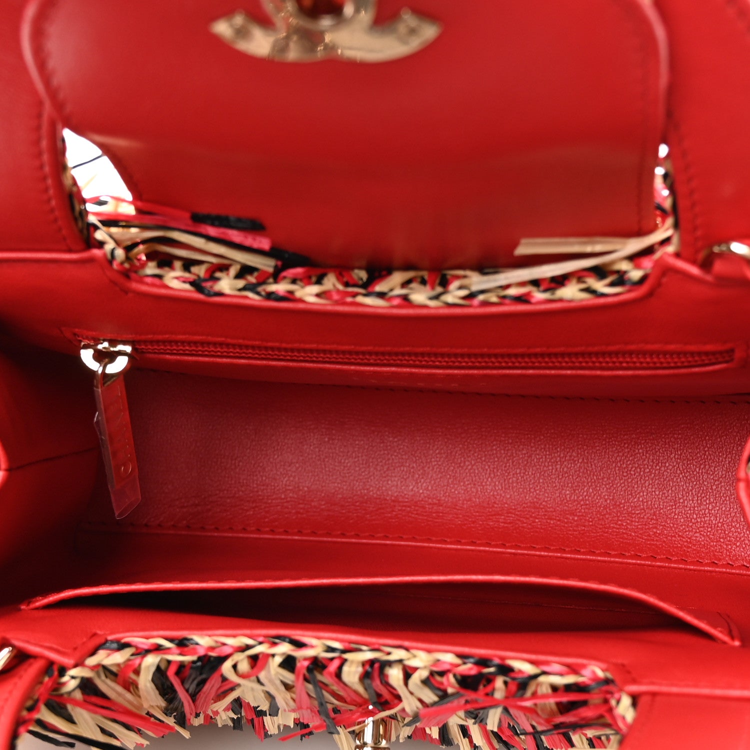 Raffia Fringe Nano Kelly Shopper Red Beige Black — view 5