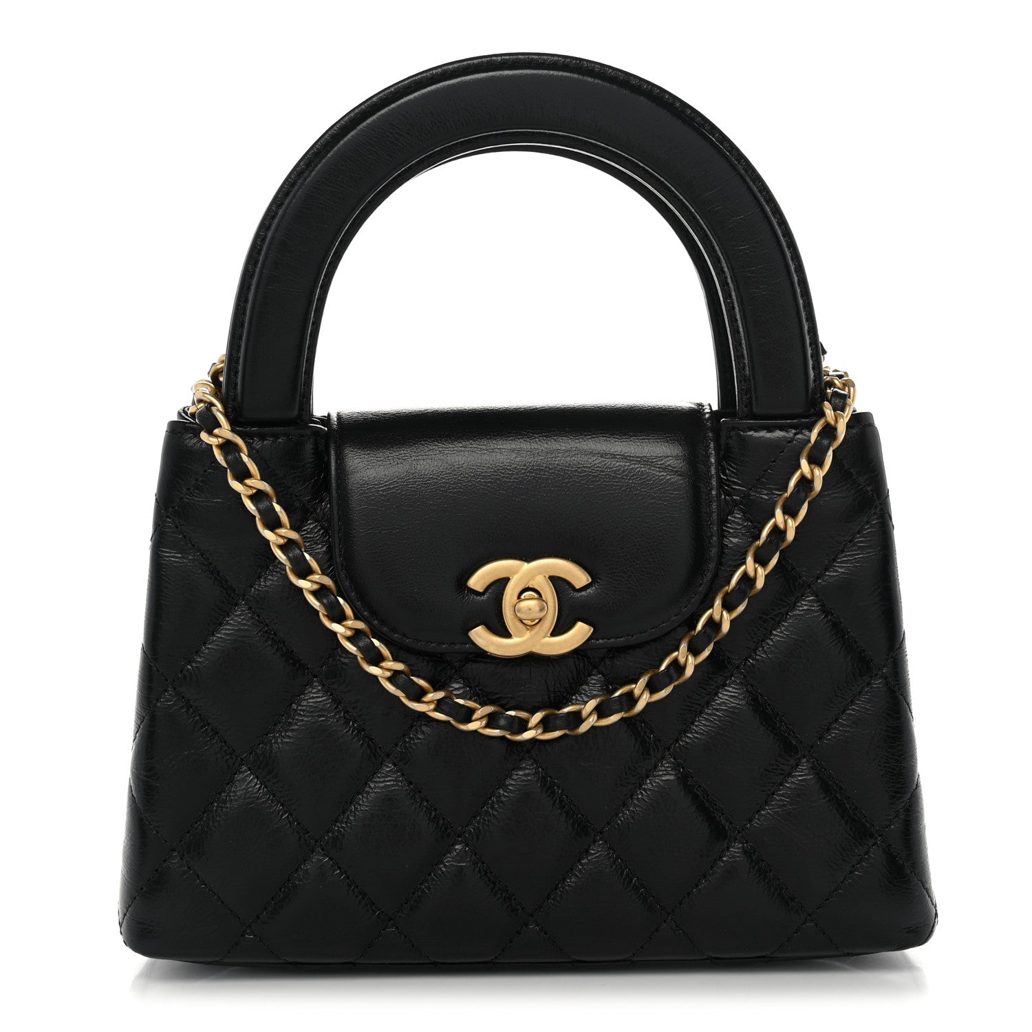 Shiny Aged Calfskin Quilted Nano Kelly Shopper Black