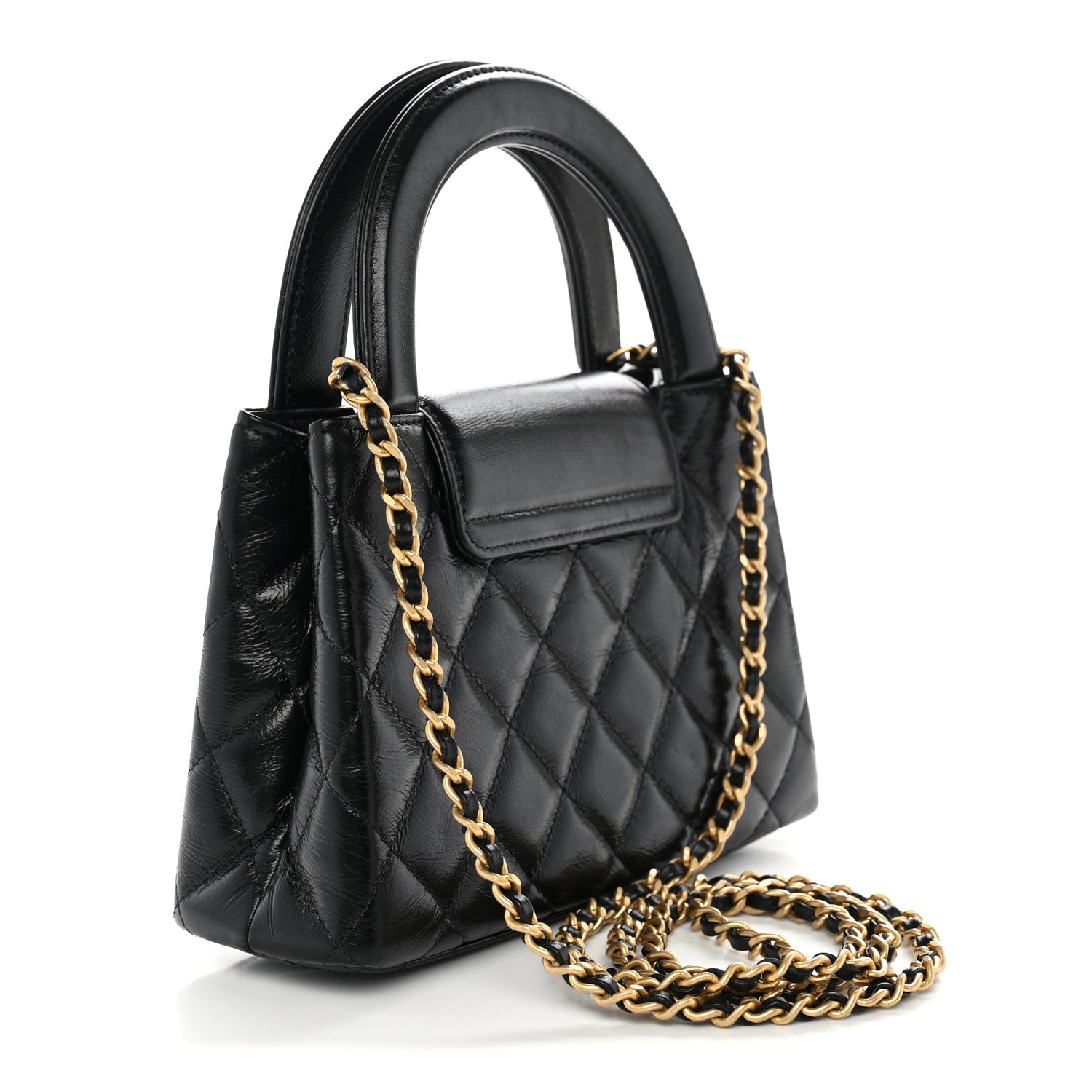 Shiny Aged Calfskin Quilted Nano Kelly Shopper Black — view 3