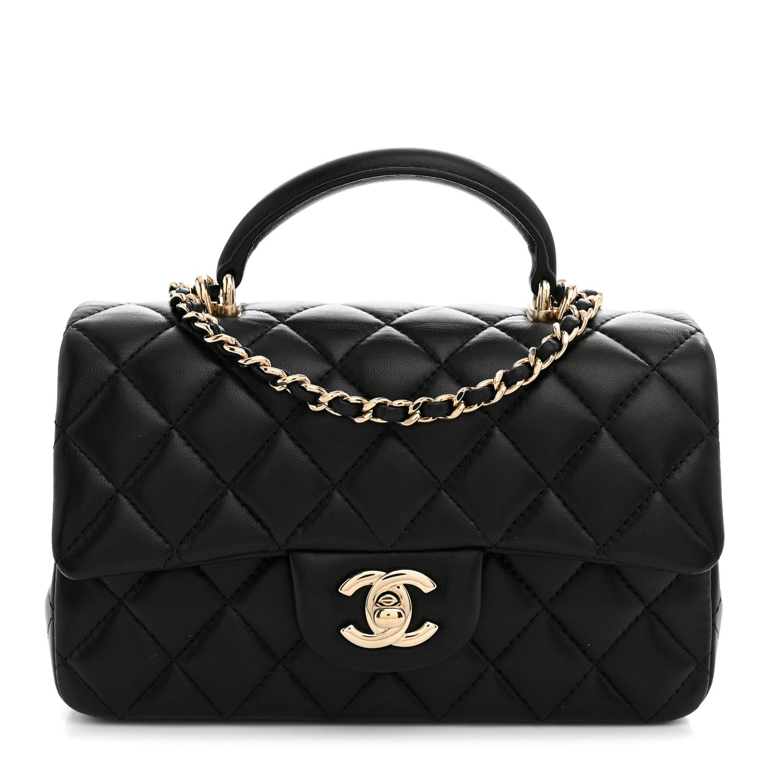 Lambskin Quilted Mini Top Handle Rectangular Flap Black