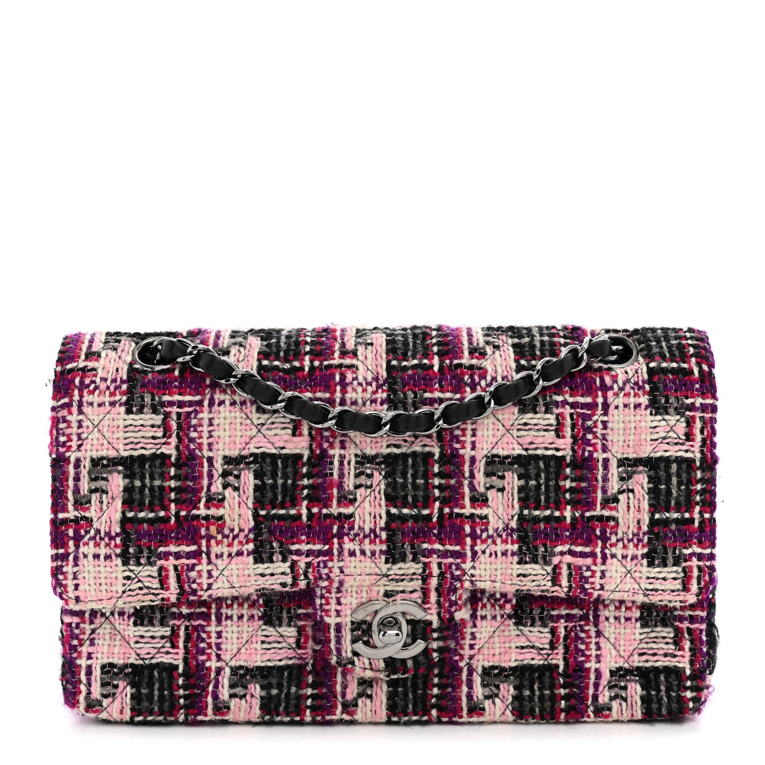 Tweed Quilted Medium Double Flap Pink Black