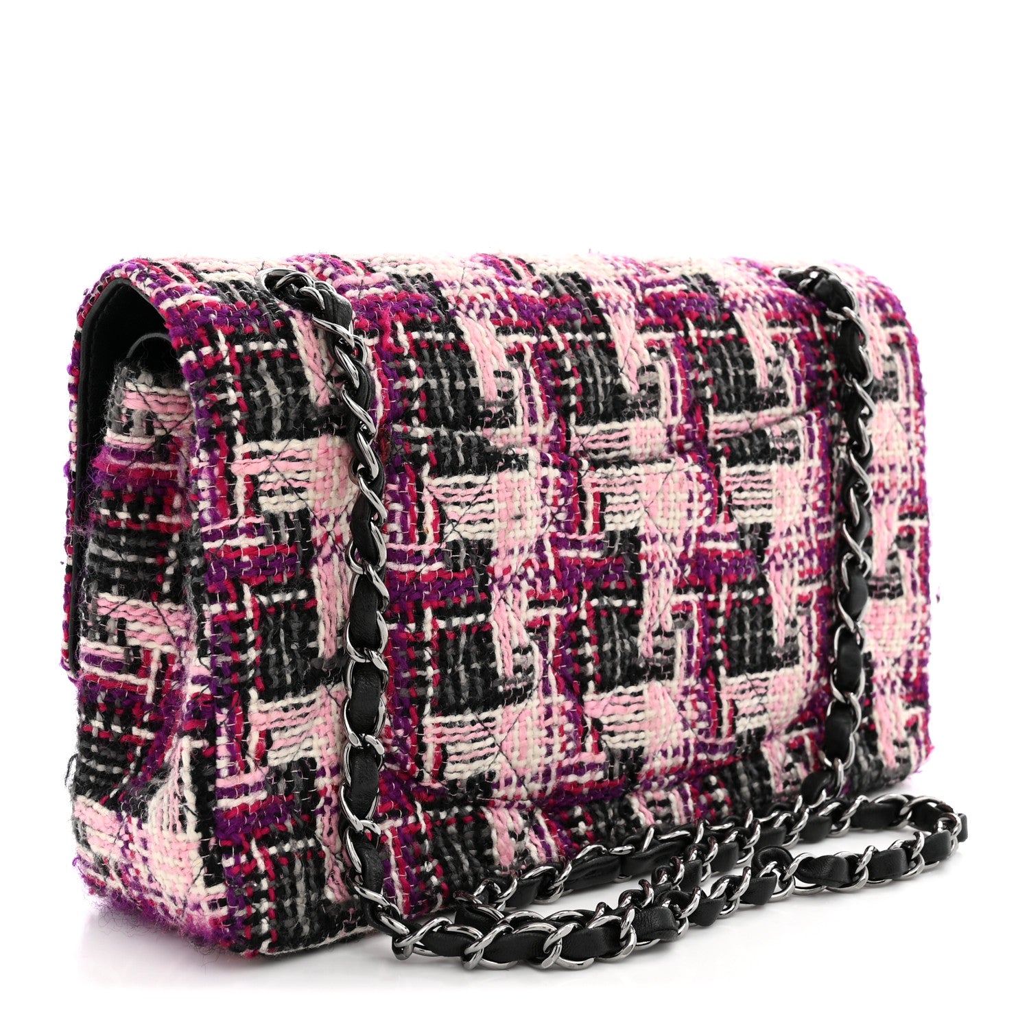 Tweed Quilted Medium Double Flap Pink Black — view 3